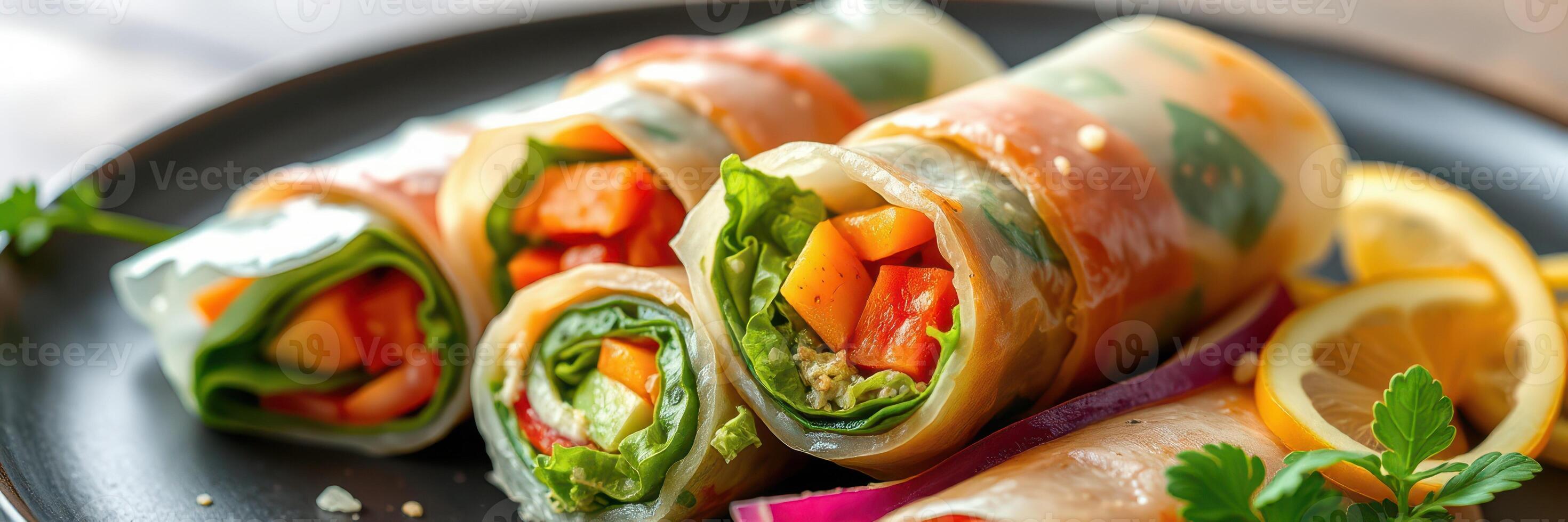 Fresh spring rolls filled with colorful vegetables served on a black plate with lemon slices photo