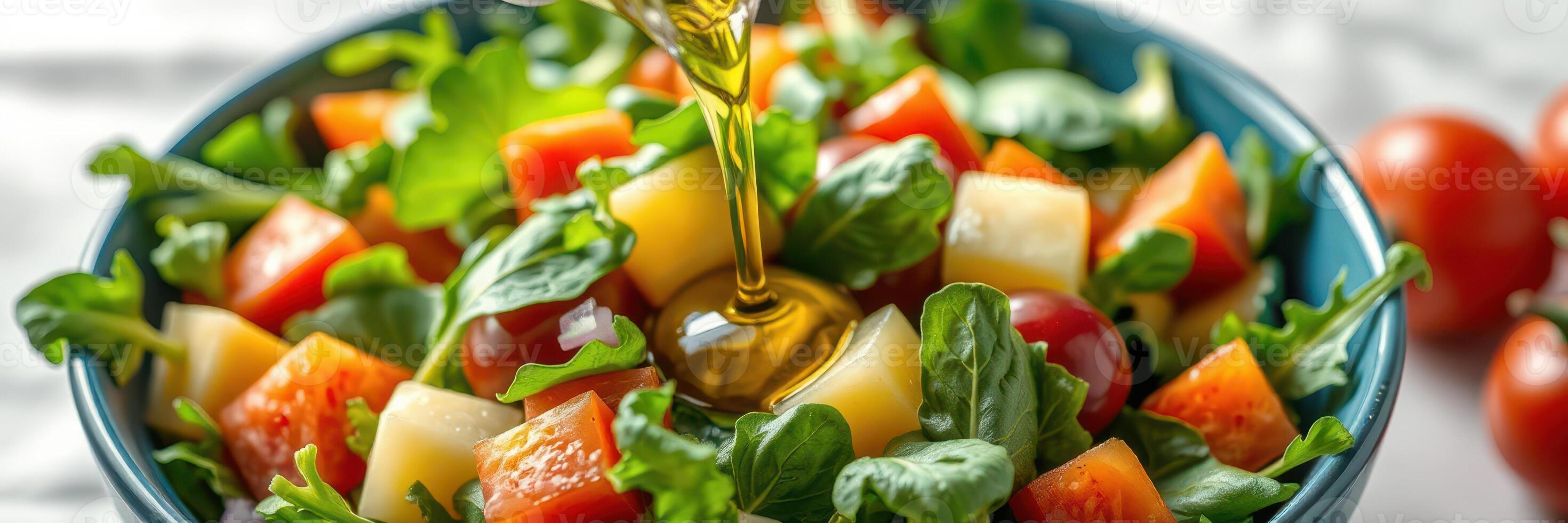 Fresh garden salad preparation with colorful vegetables and olive oil drizzle in a blue bowl photo