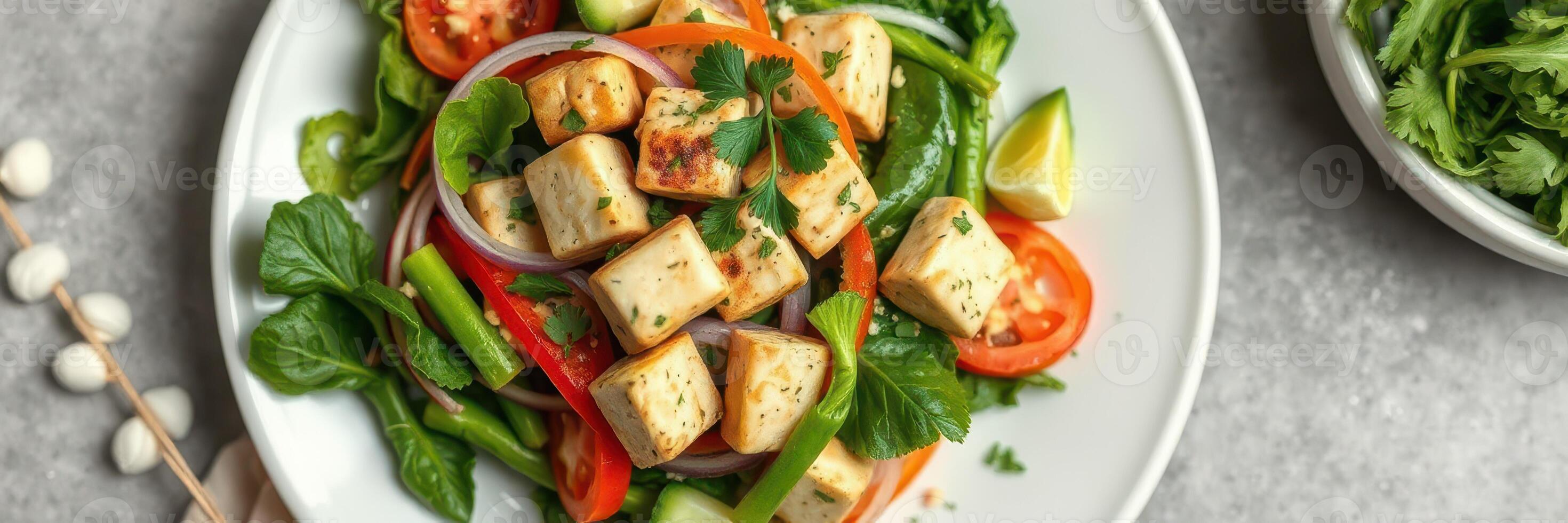 Fresh tofu salad prepared with colorful vegetables and herbs for a healthy meal option photo