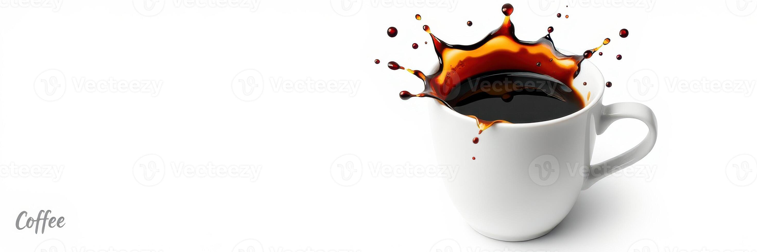 Coffee cup splashes with dark liquid, creating an energetic scene in a minimalist setting photo