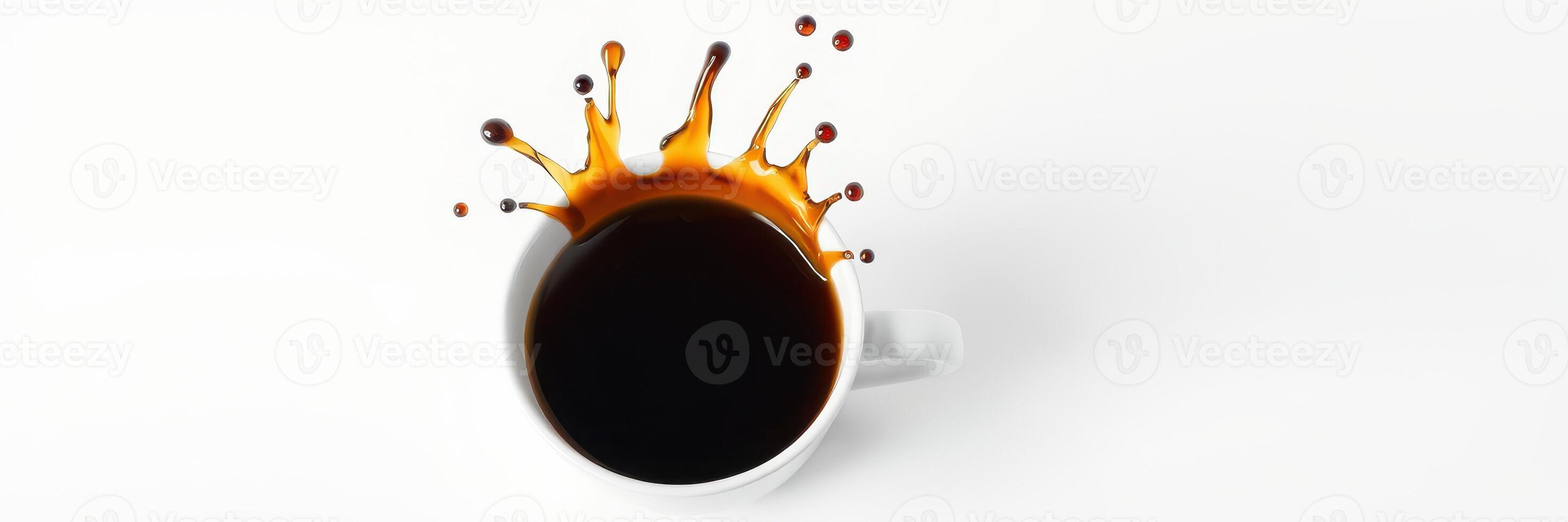 Coffee cup splashes dark liquid on white surface creating dynamic and vibrant scene in kitchen photo