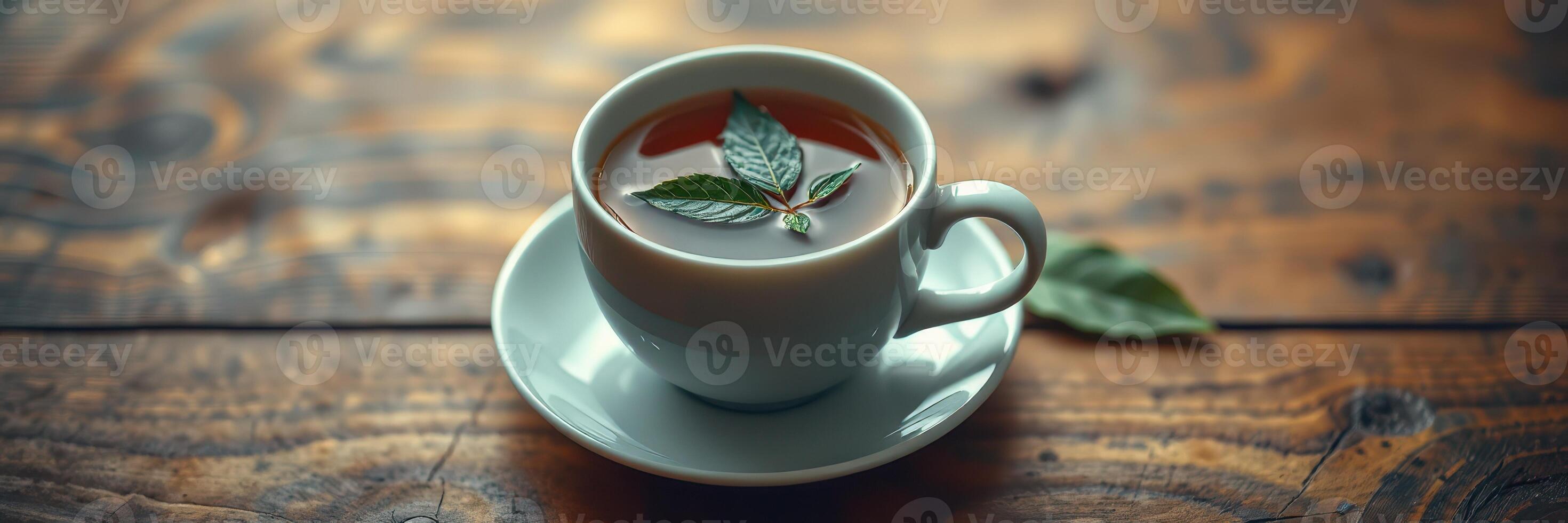 Delicious herbal tea served in a white cup on a rustic wooden table with fresh mint leaves for flavor enhancement photo