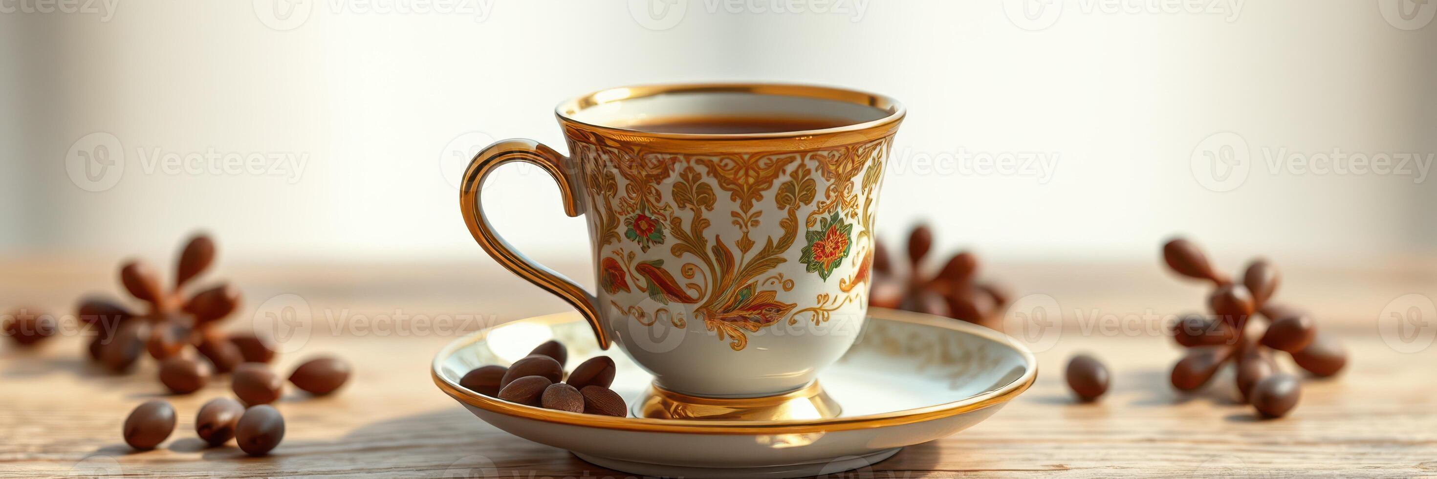 Elegant coffee cup on wooden table with coffee beans showcasing morning indulgence photo