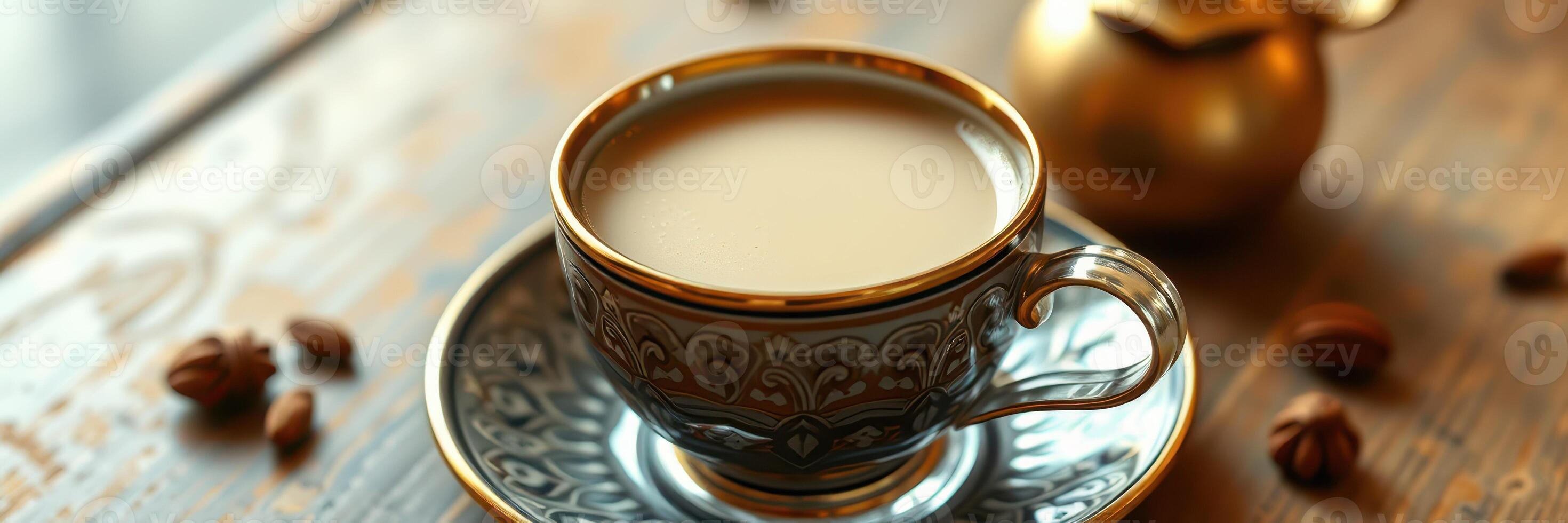 Warm cup of traditional coffee served in decorative china beside coffee beans and a brass kettle photo