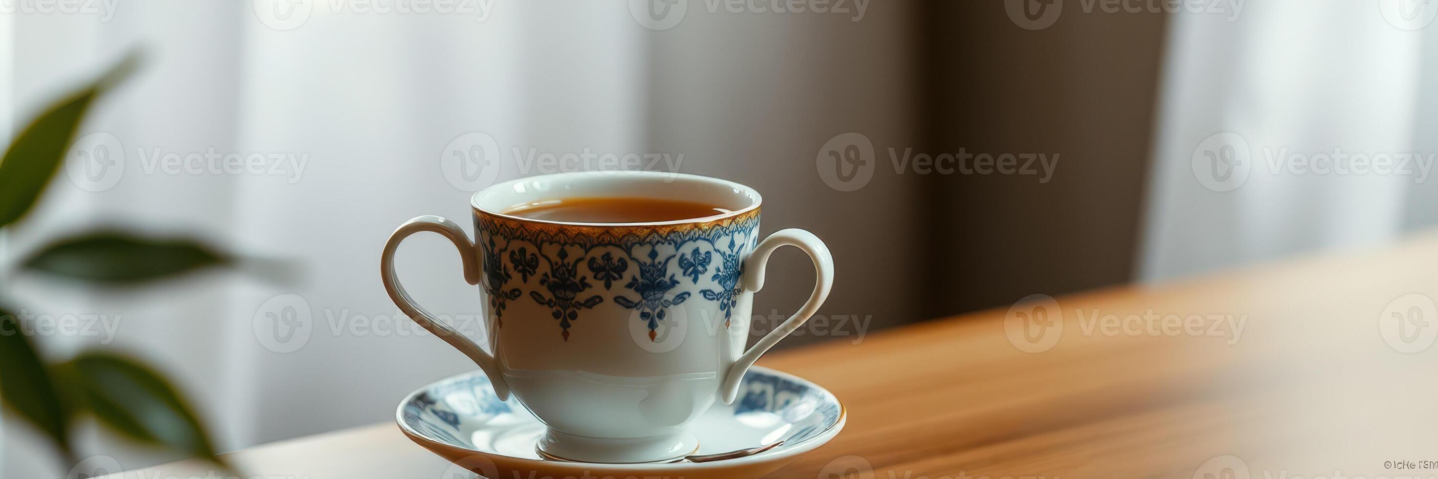 Elegant porcelain cup holding coffee sits on a wooden table near a window with soft curtains and natural light photo