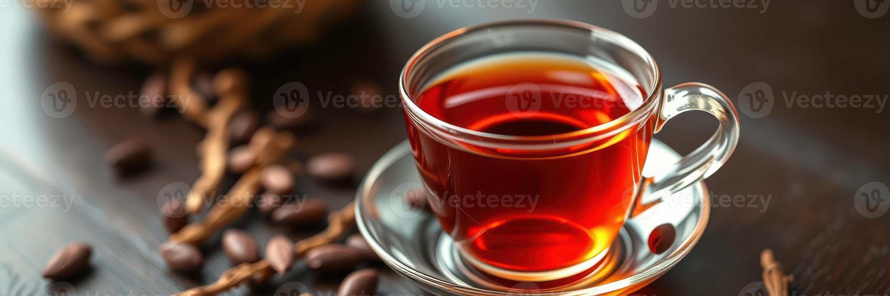 Warm tea served in a clear glass cup accompanied by cocoa beans on a wooden table photo
