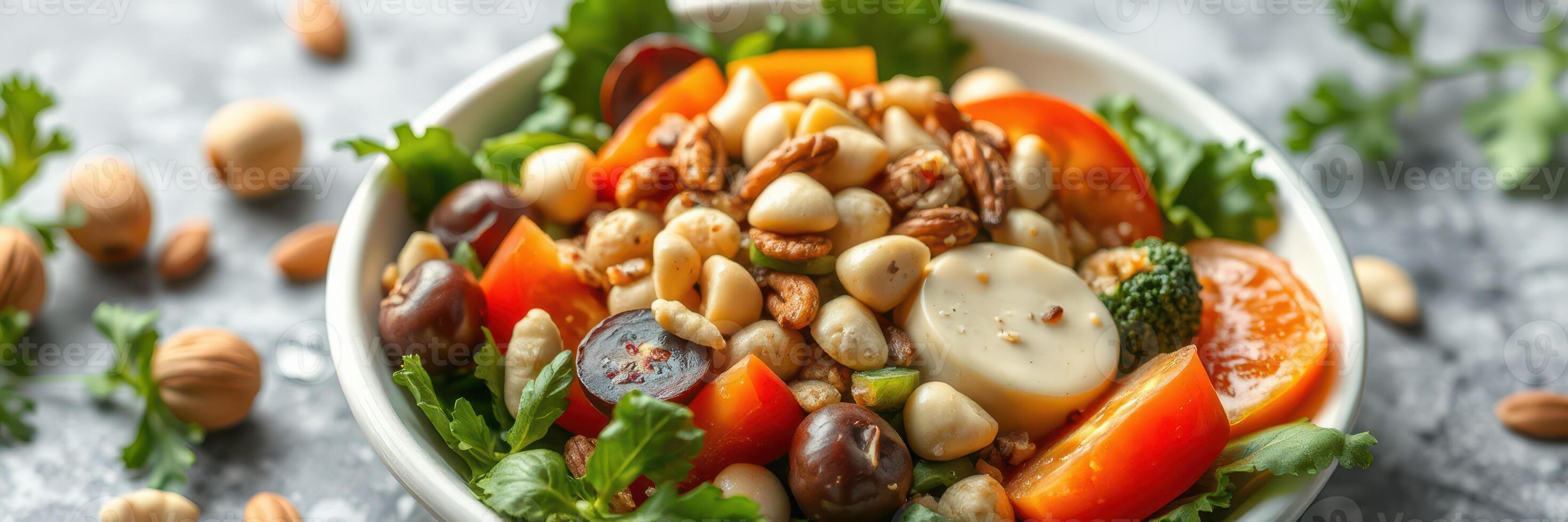 Colorful salad bowl with mixed vegetables and nuts served on a rustic table setting photo