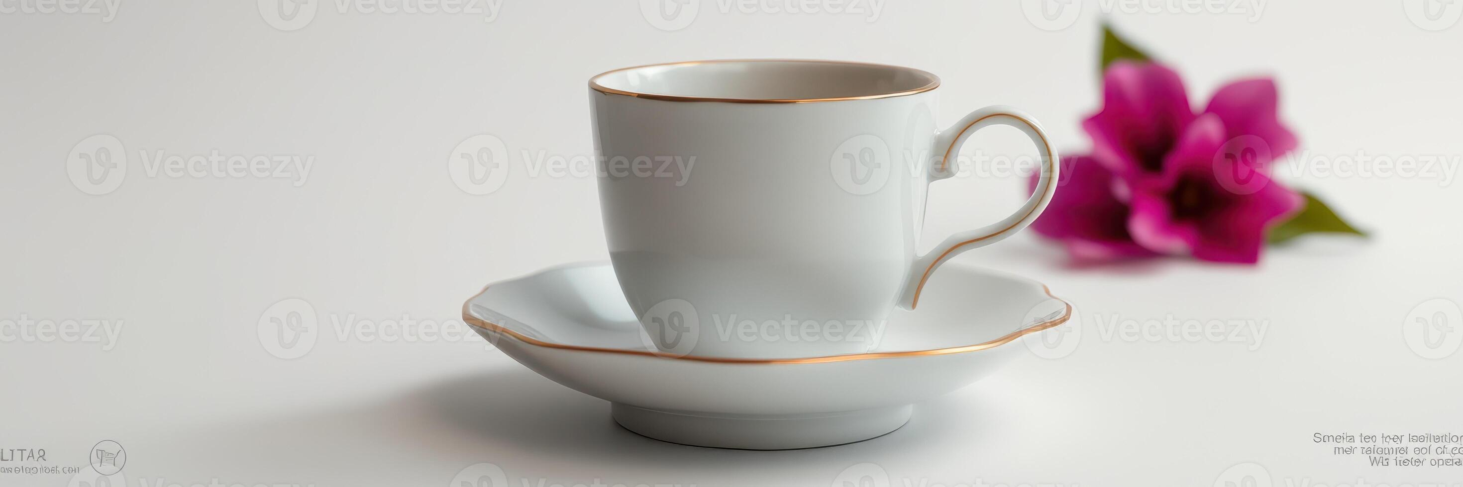 Elegant white tea cup on a saucer with a pink flower in the background, showcasing a peaceful setting photo