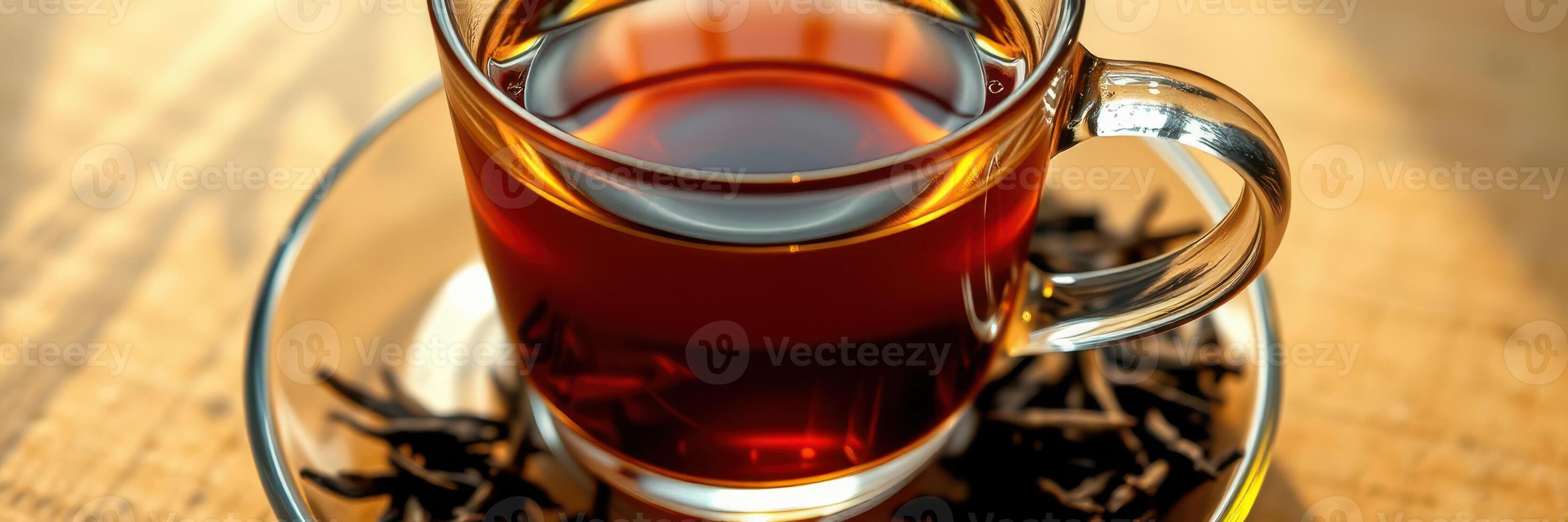 Warm cup of brewed tea served with fresh tea leaves on a wooden table in a cozy setting during the afternoon photo