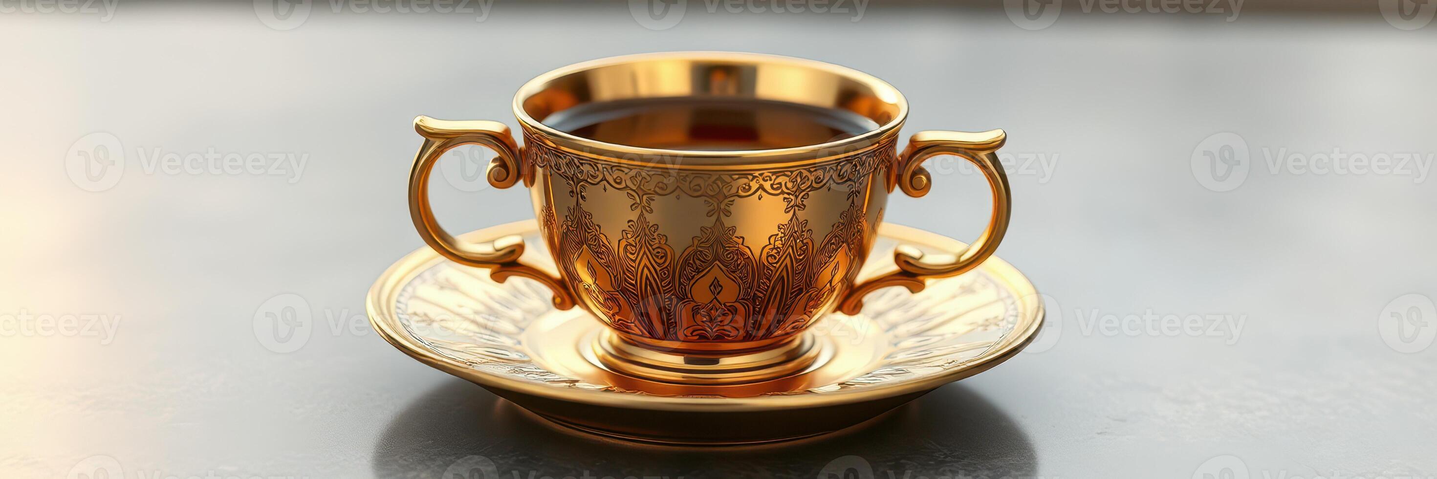 Exquisite golden cup and saucer set displayed on a polished surface with dark beverage inside photo