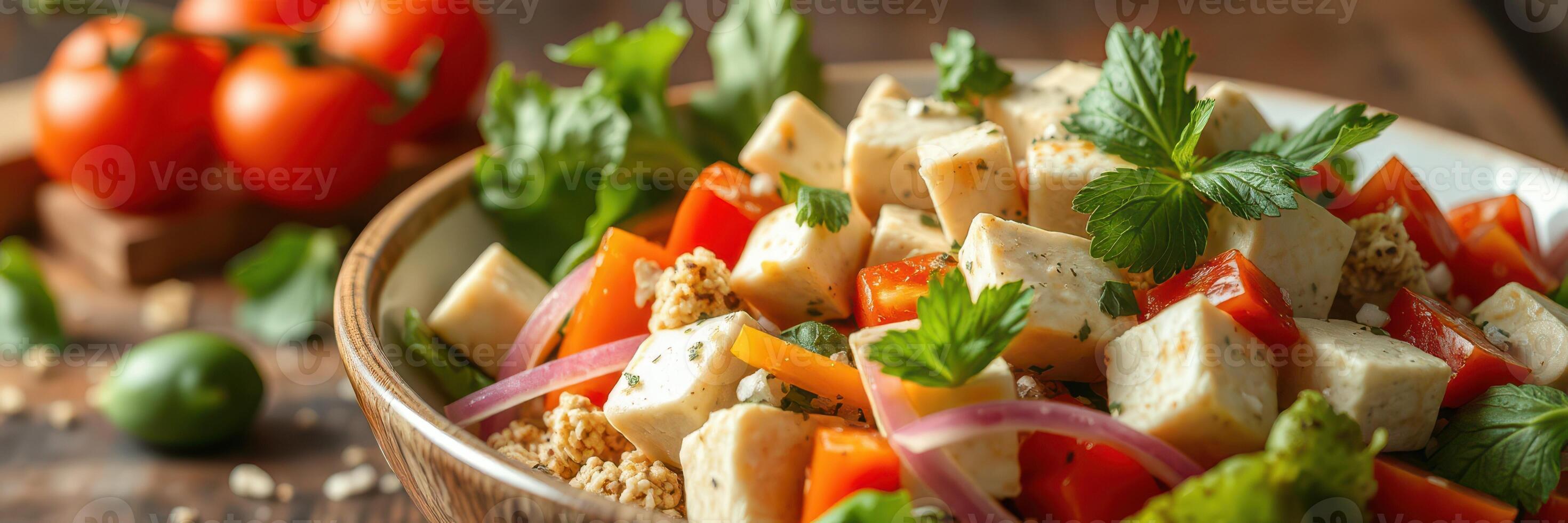 Fresh vegetable and tofu salad served in a wooden bowl with herbs, perfect for a healthy meal option photo