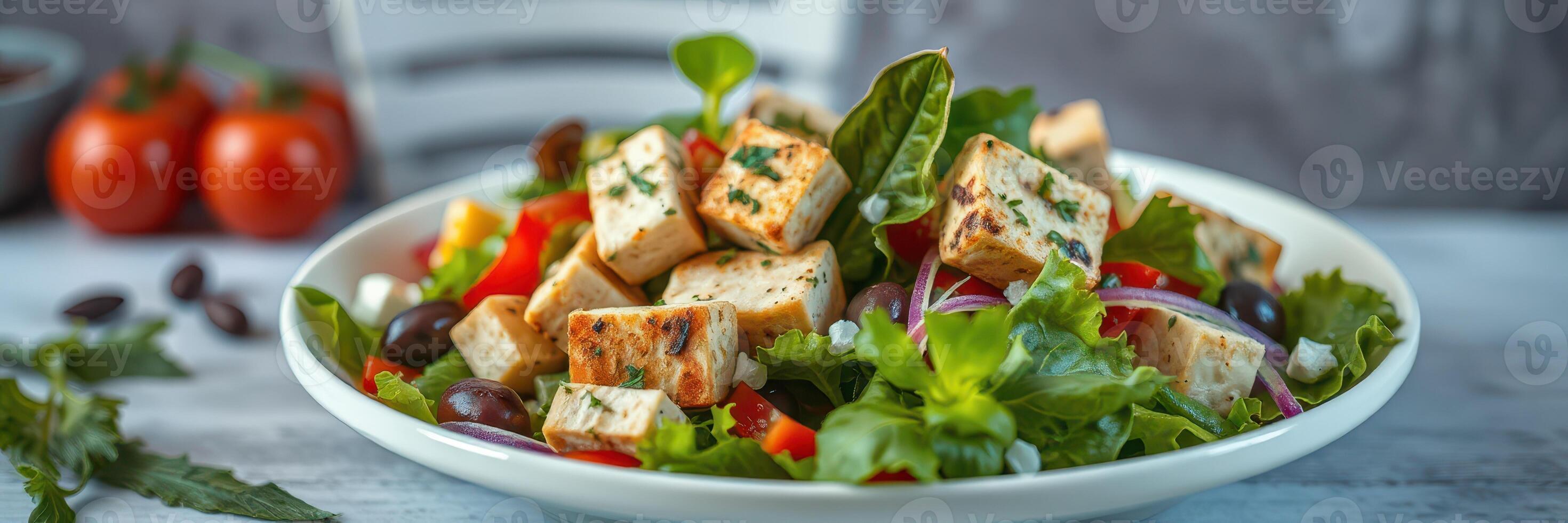 Fresh garden salad with grilled tofu, tomatoes, and assorted greens on a white plate in a casual dining setting photo
