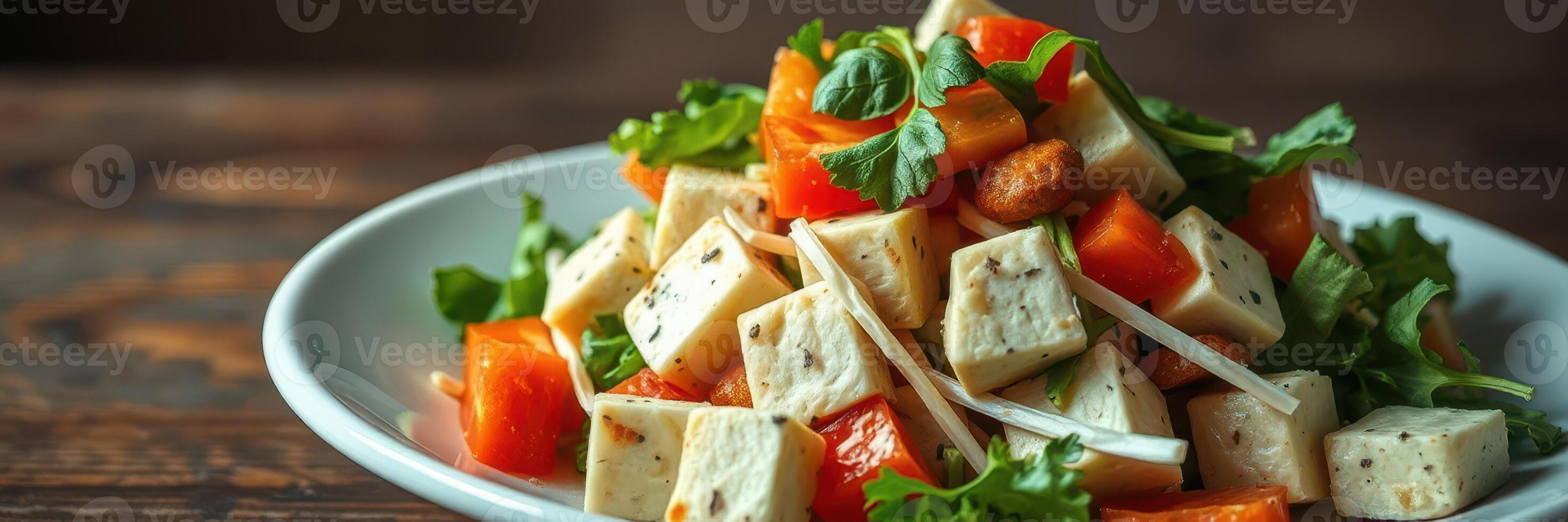 Fresh tofu salad with vibrant vegetables served on a rustic wooden table in a cozy setting photo