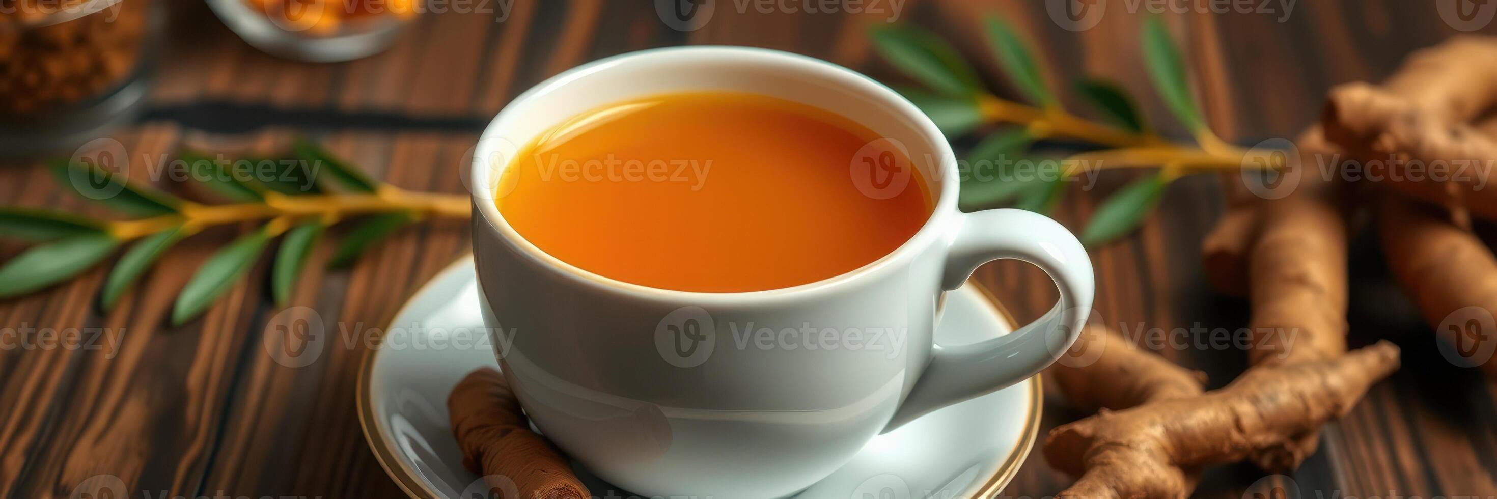 Warm turmeric tea served in a white cup with fresh turmeric roots on a wooden table photo