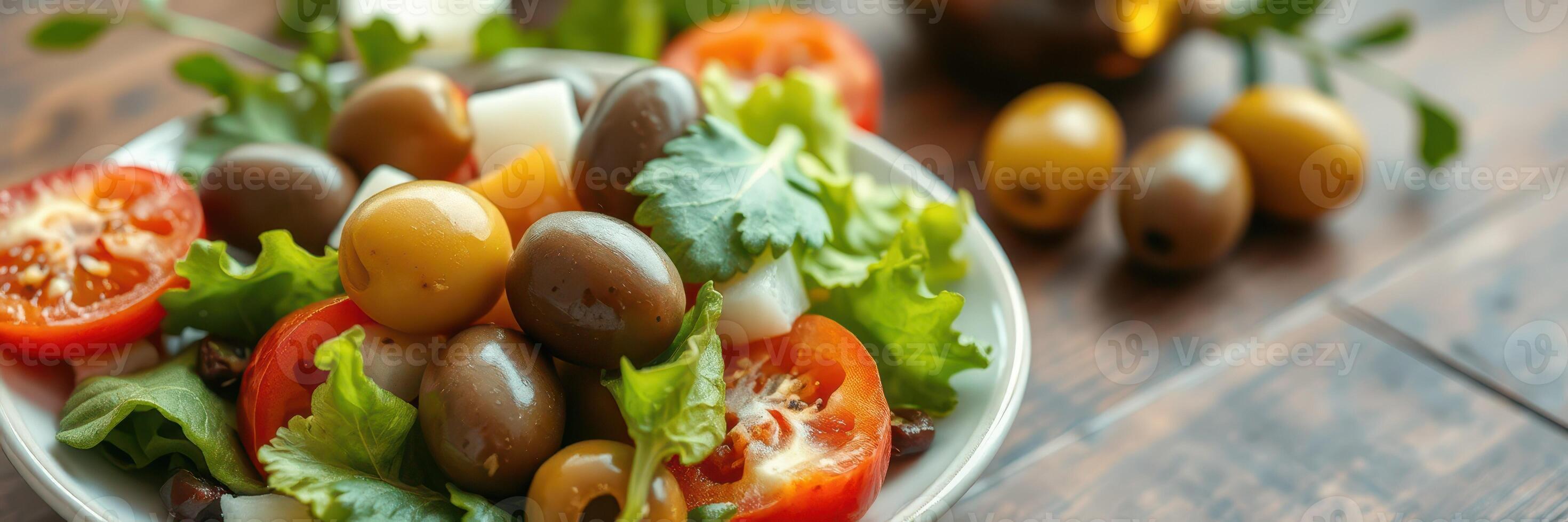Fresh vegetable salad with olives and tomatoes served on a wooden table photo
