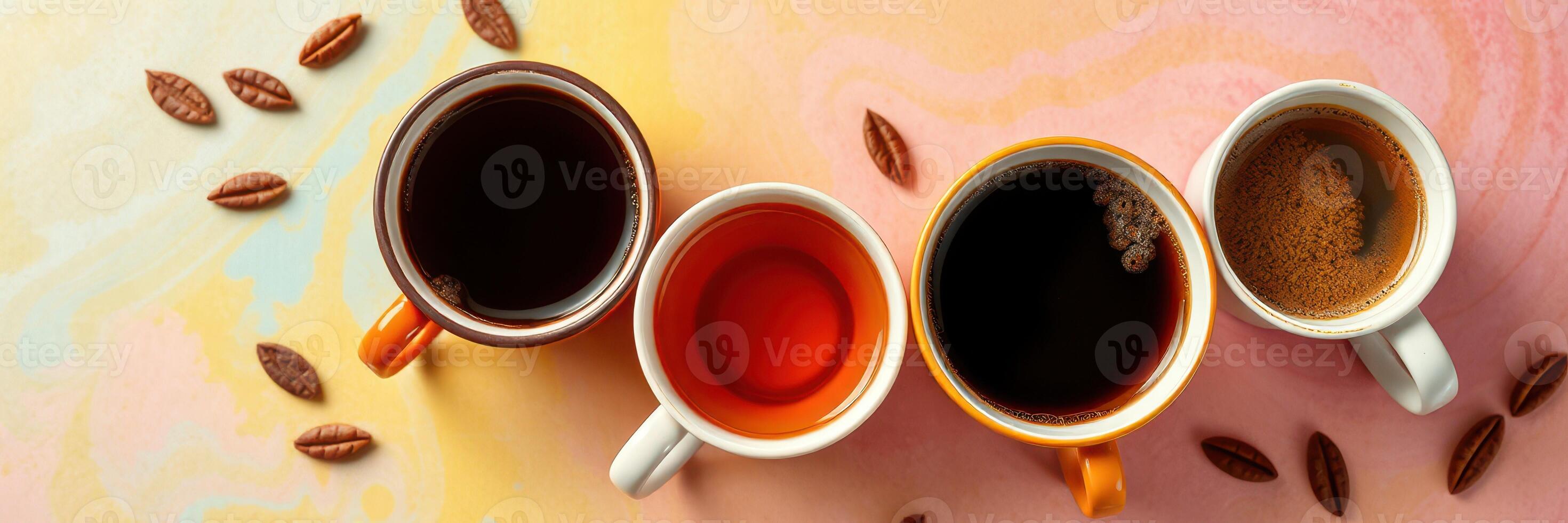 Various coffee types arranged in colorful cups on a vibrant background with coffee beans scattered nearby photo