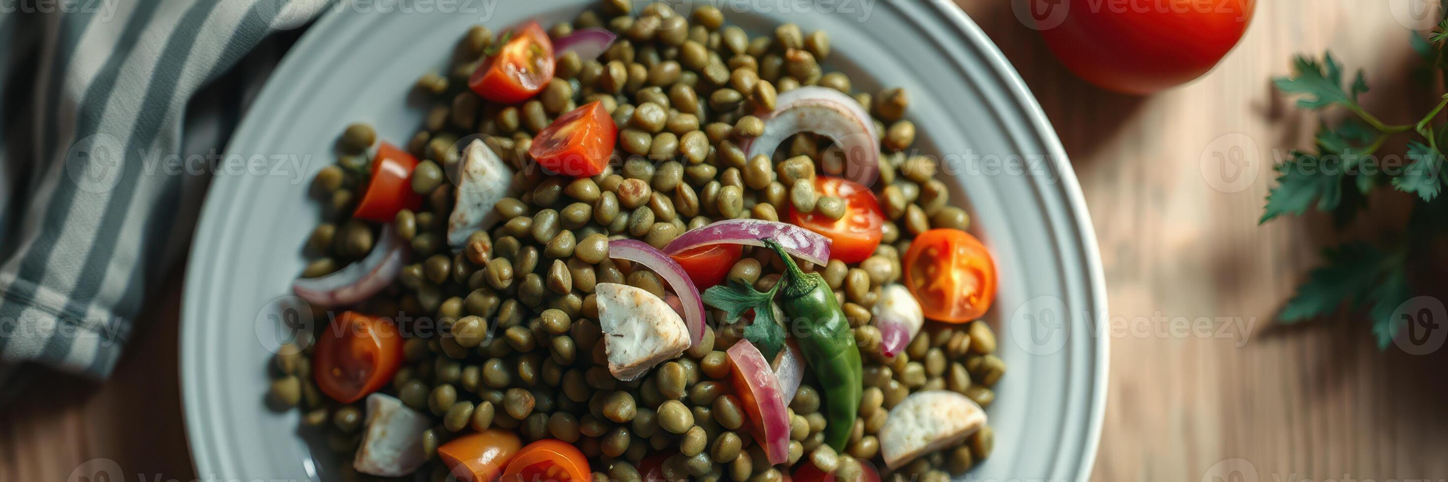 Fresh lentil salad with cherry tomatoes and onions served in a bowl on a wooden table photo