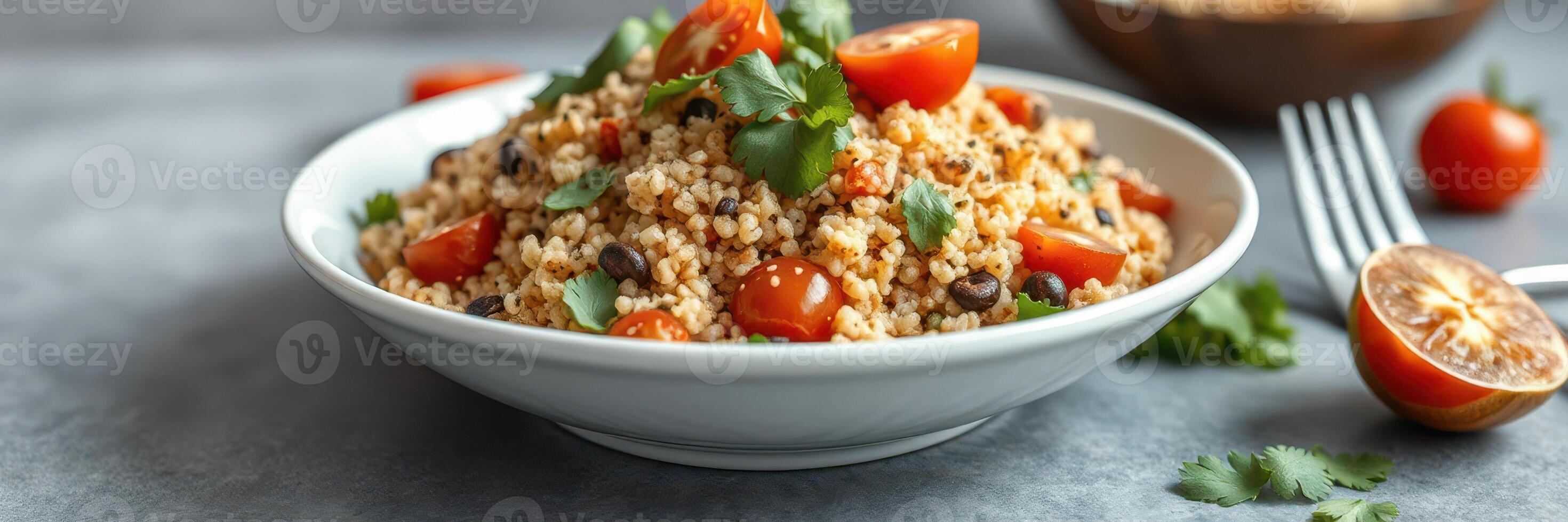 Fresh couscous salad with cherry tomatoes and herbs served on a white plate with a fork nearby photo