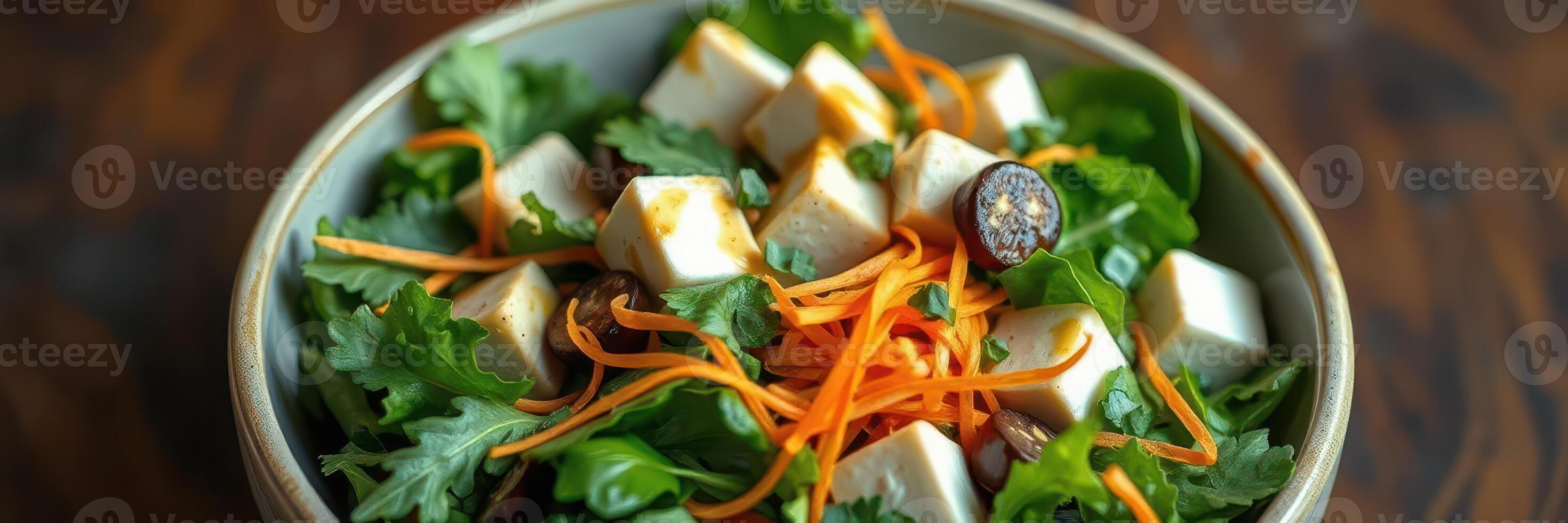 Fresh salad with tofu and vegetables served in a bowl, highlighting vibrant colors and textures photo