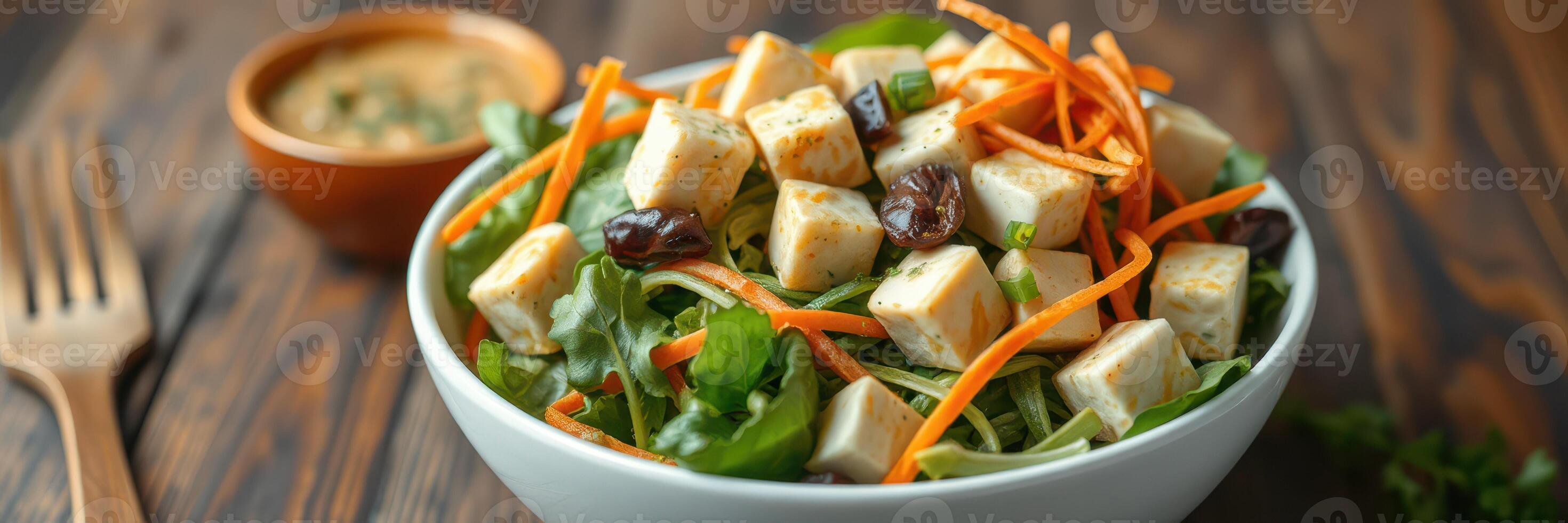 Fresh salad topped with marinated tofu and garnished with carrots served in a rustic bowl photo