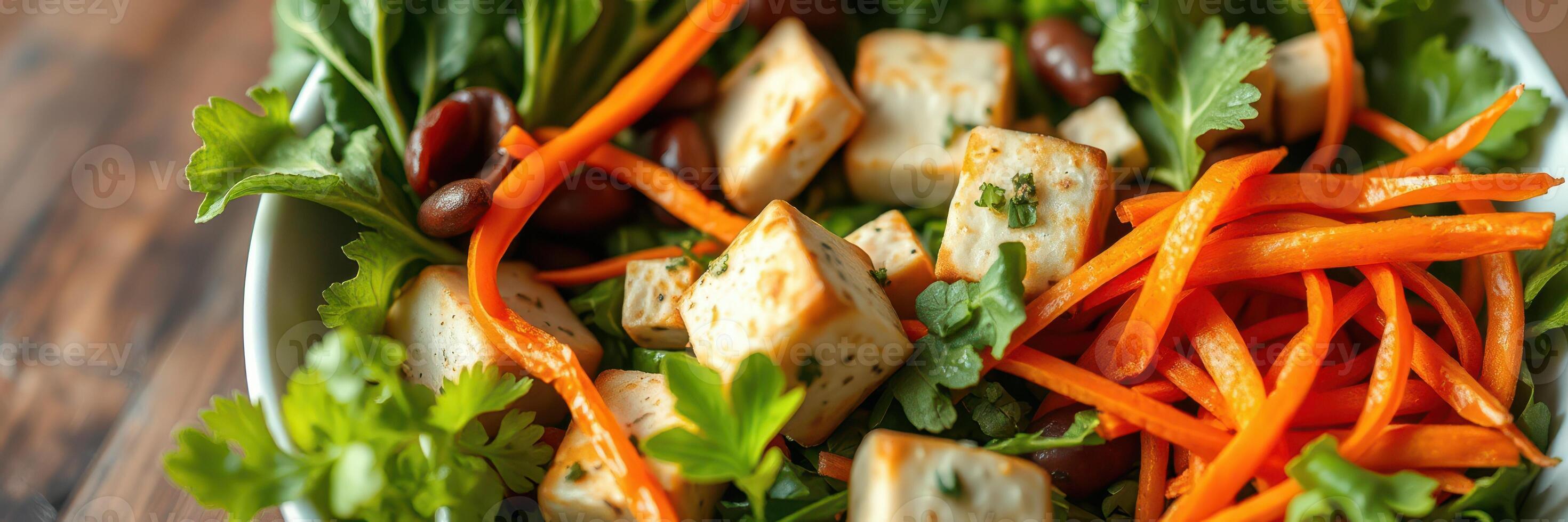 Fresh and vibrant salad with tofu, carrots, and herbs displayed on a rustic wooden table photo