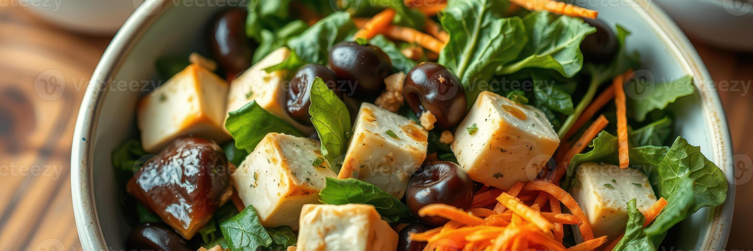 Fresh salad with greens, tofu, olives, and shredded carrots served in a bowl at a casual dining setting photo