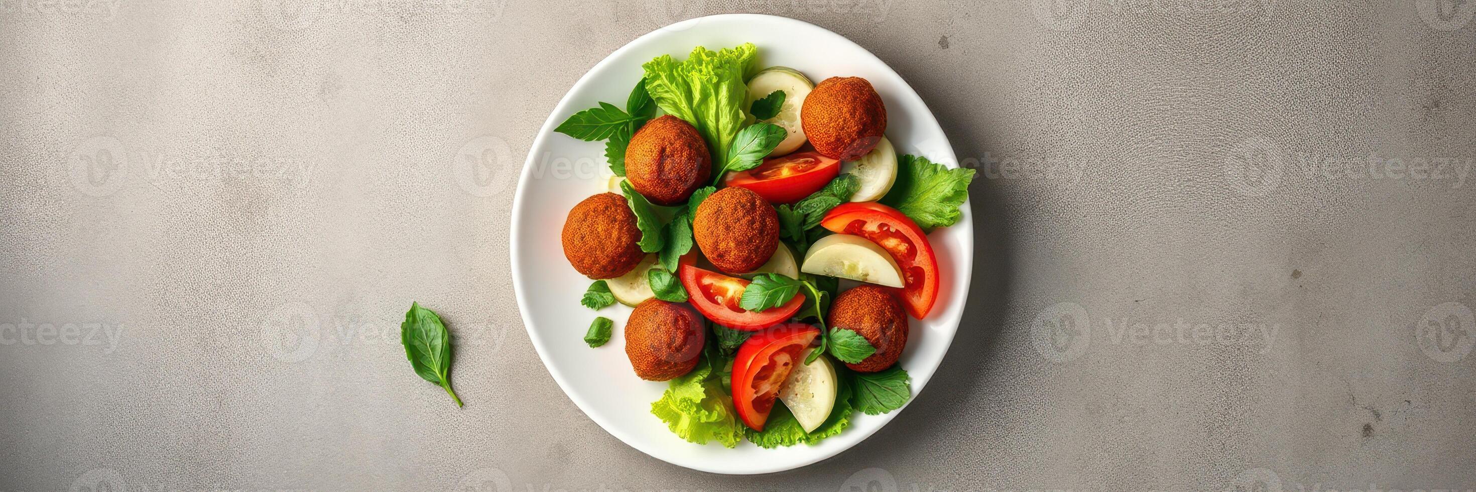 Delicious falafel served on a fresh salad with lettuce, tomatoes, and cucumbers in a bright and inviting setting photo