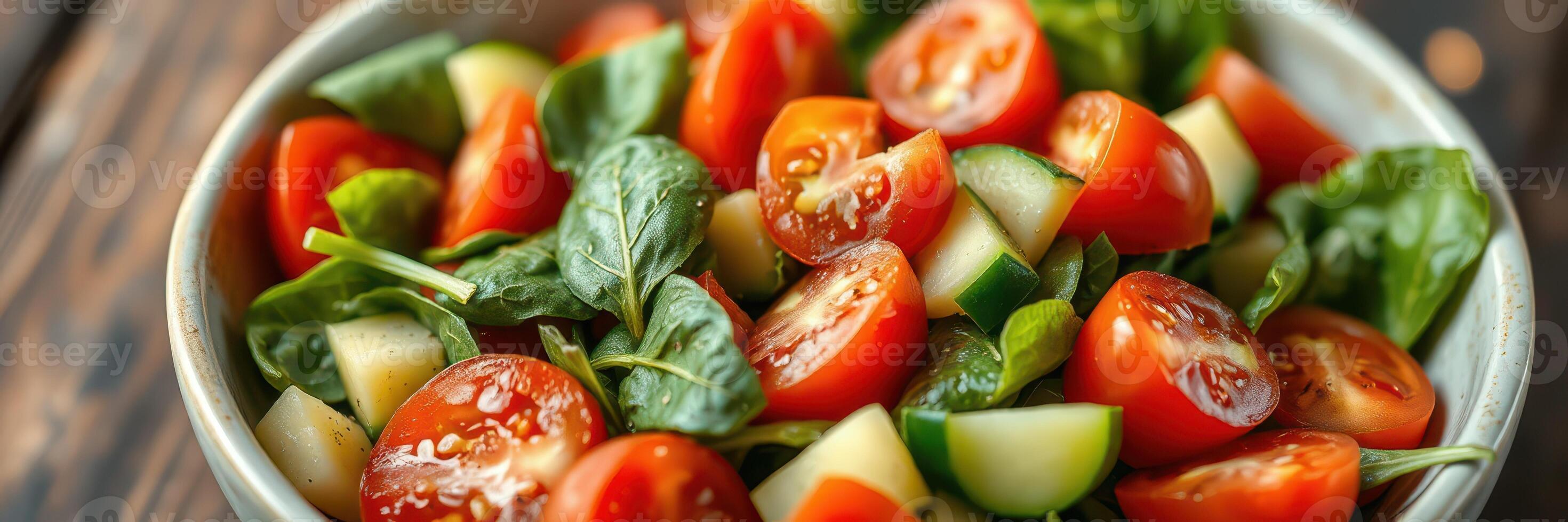 Fresh green salad with cherry tomatoes and cucumbers prepared in a bowl on rustic wooden table photo