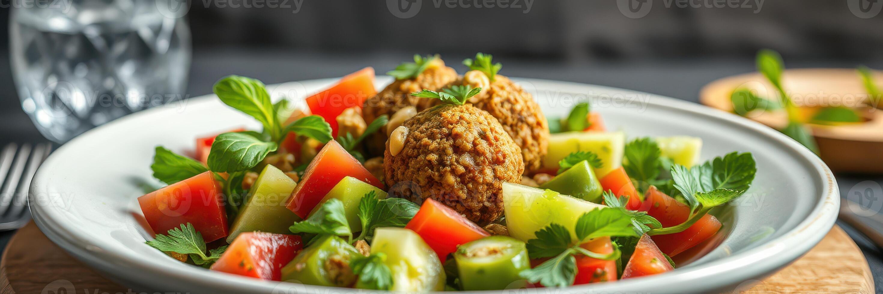 Fresh salad with crispy falafel served on a white plate with herbs and vegetables in a modern setting photo