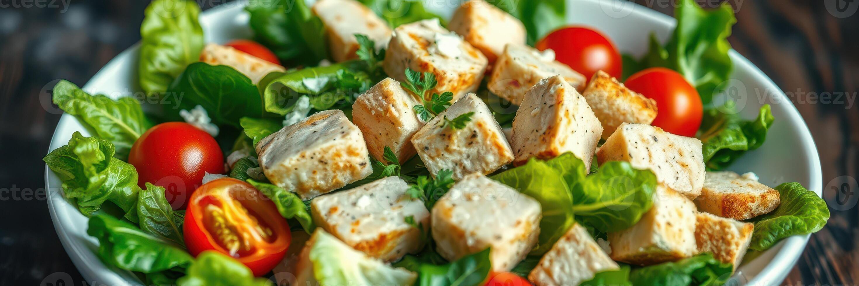 Fresh salad with cherry tomatoes and tofu cubes served in a white bowl on a wooden table photo