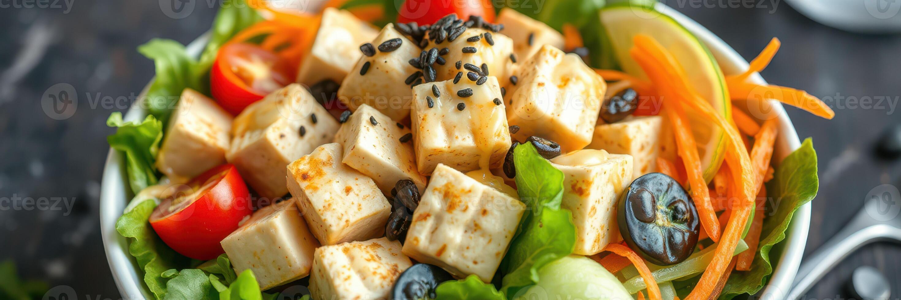 Fresh salad with tofu, cherry tomatoes, and mixed greens served in a bowl with a sprinkle of sesame seeds photo