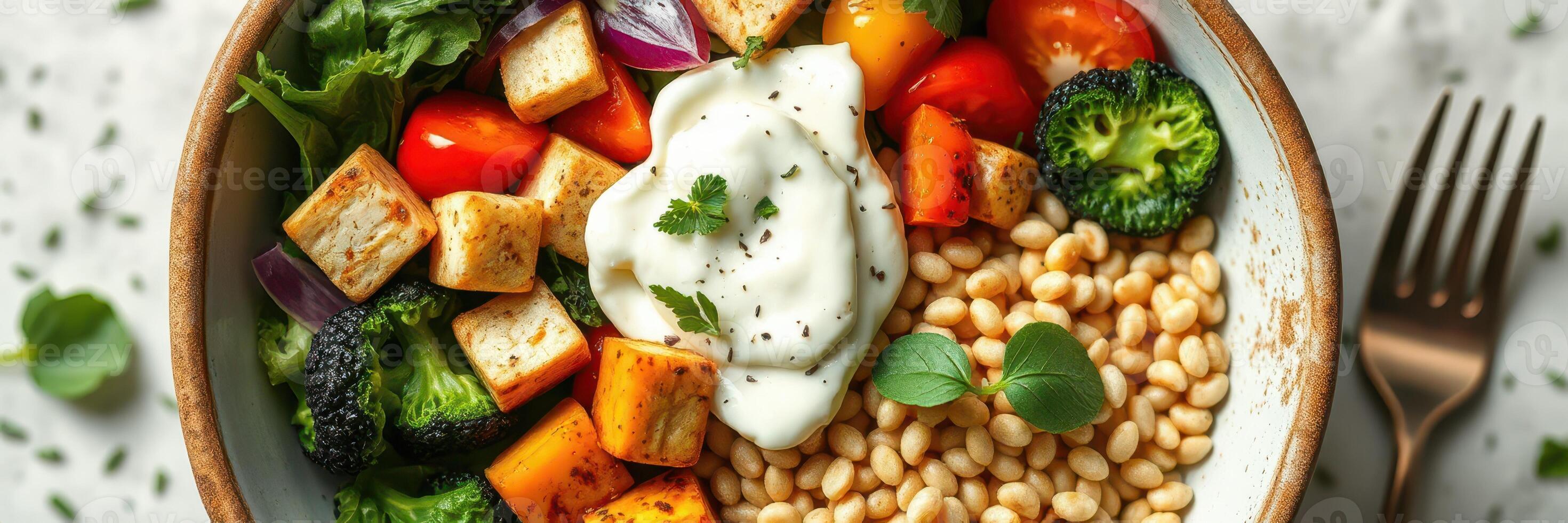 Colorful and nutritious bowl of roasted vegetables, grains, and yogurt served for lunch with a fork on the side photo