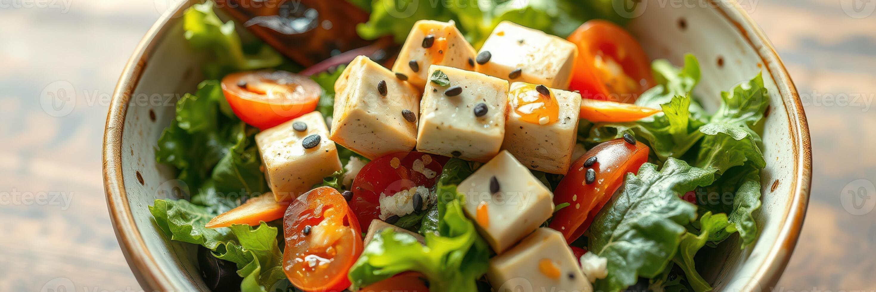 Fresh salad with tofu and cherry tomatoes in a rustic bowl on a wooden table photo