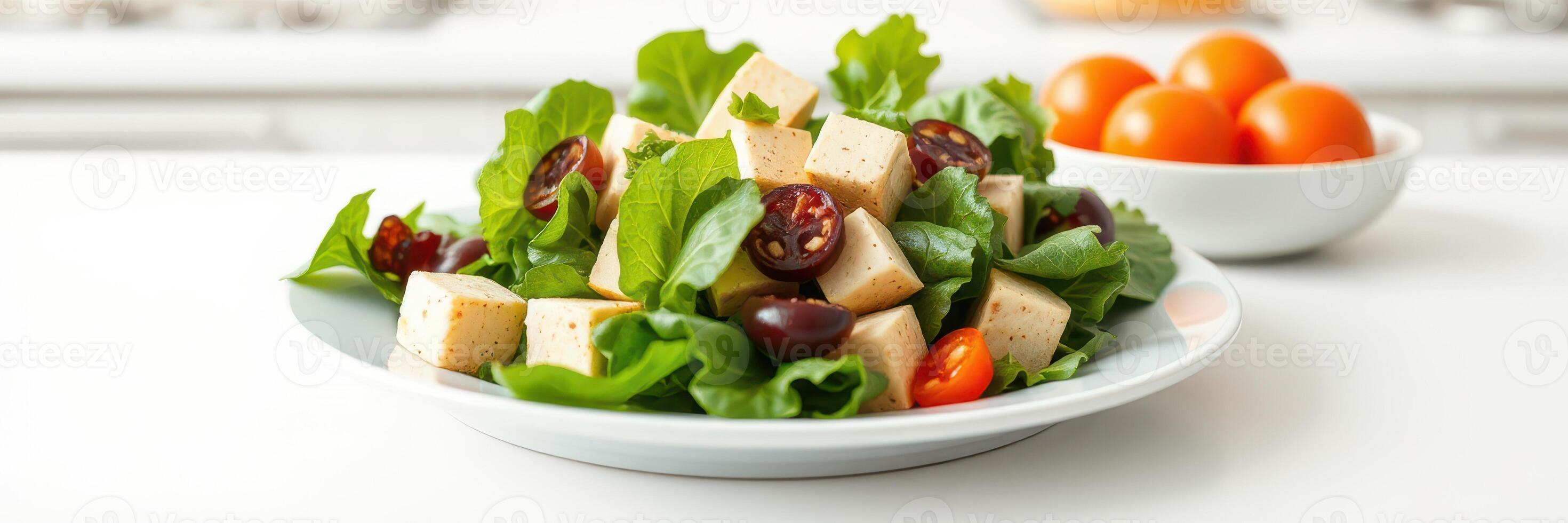 Fresh salad with tofu, cherry tomatoes, and lettuce served on a plate in a bright kitchen photo