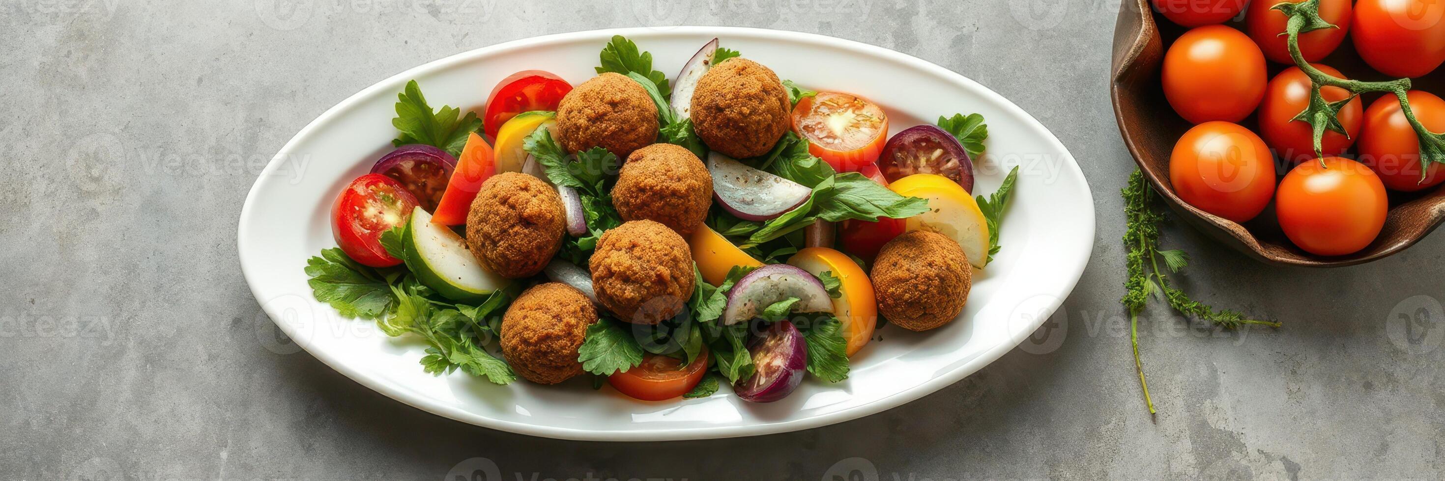 Delicious falafel served on a vibrant salad with fresh vegetables and a side of ripe tomatoes photo