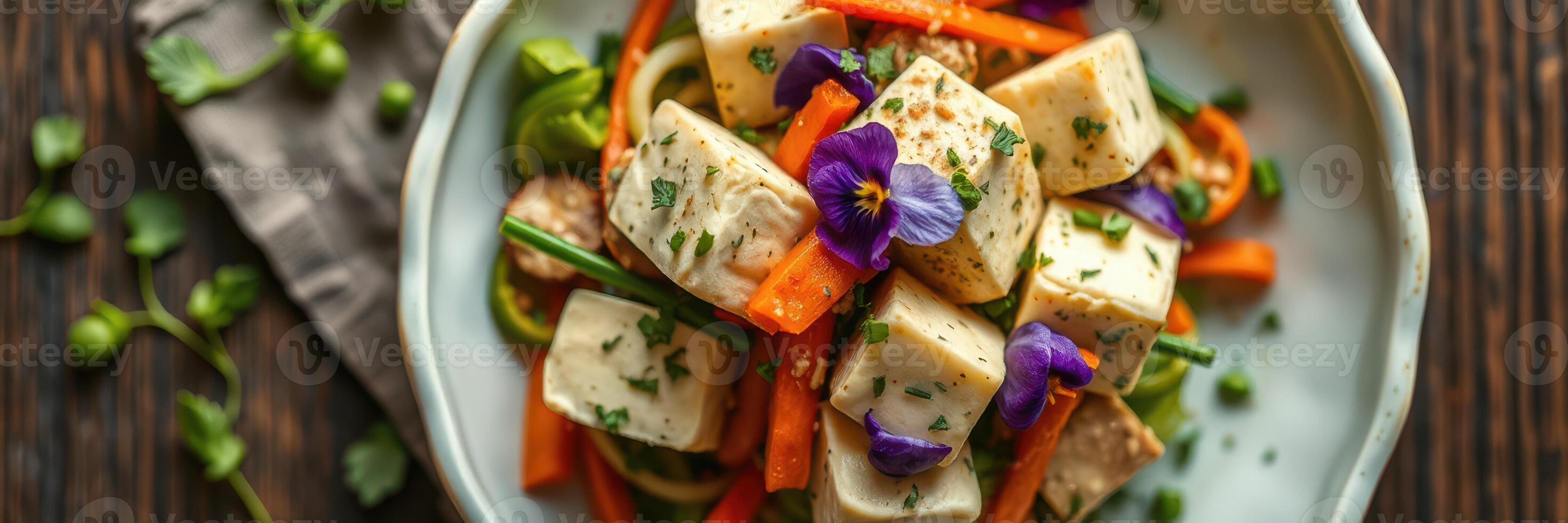Colorful vegetable and tofu salad served in a bowl on a wooden table with fresh herbs and edible flowers for a vibrant presentation photo