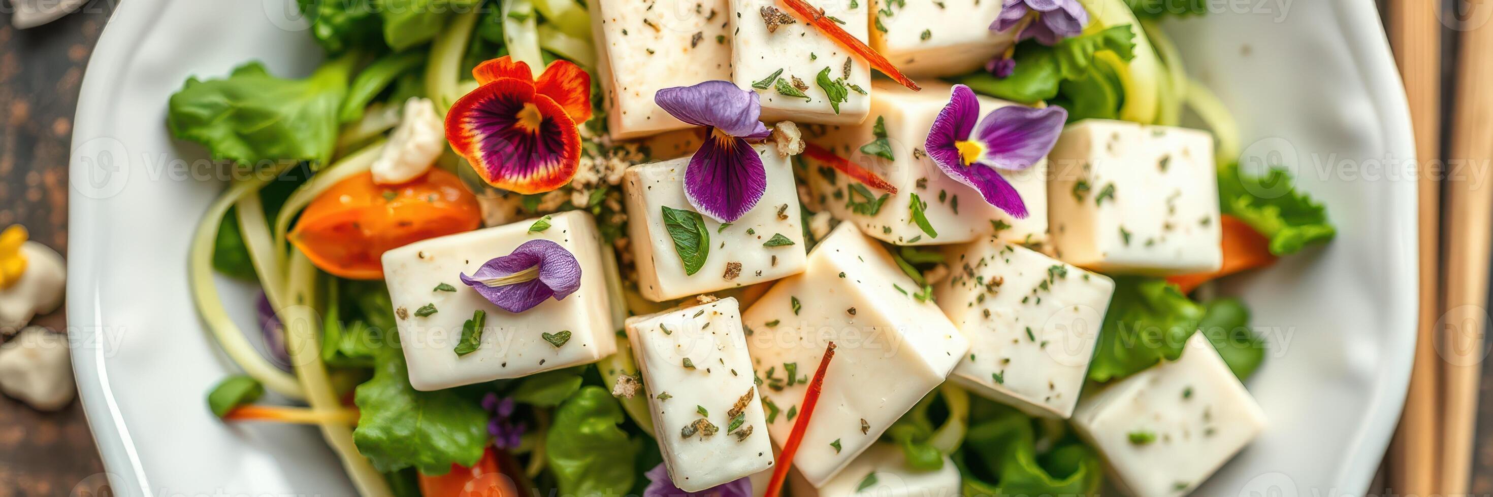 Fresh salad with herbs, edible flowers, and tofu served on a rustic table photo