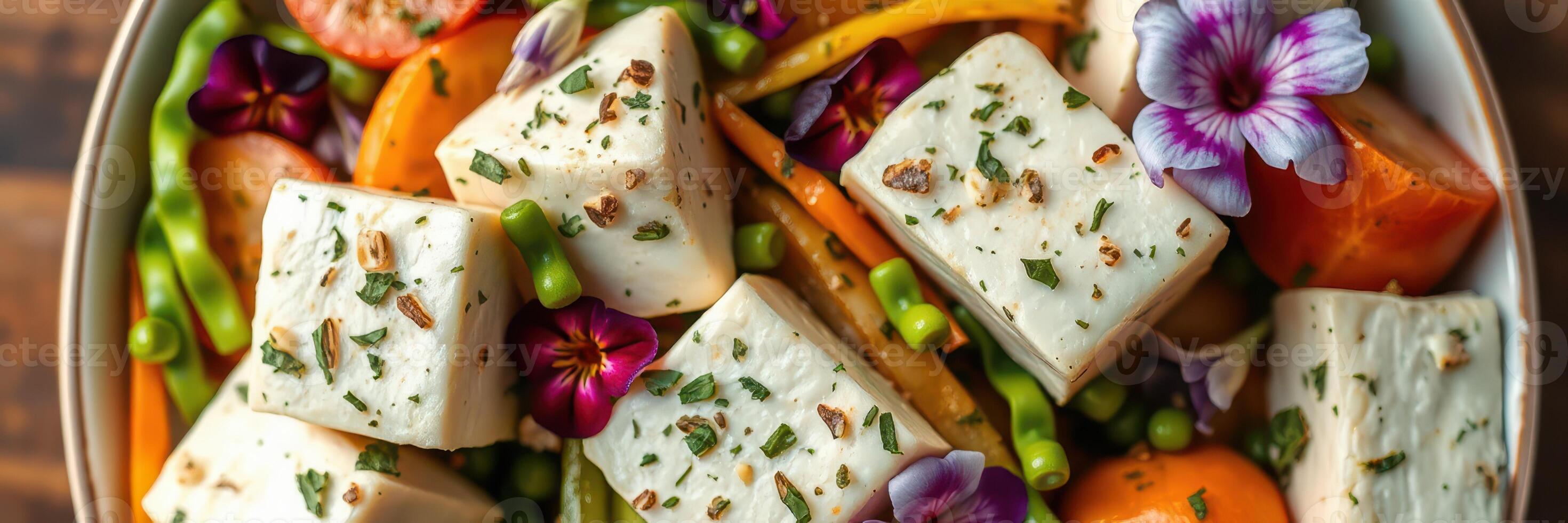 Fresh vegetable salad topped with herbs and edible flowers served in a rustic bowl photo