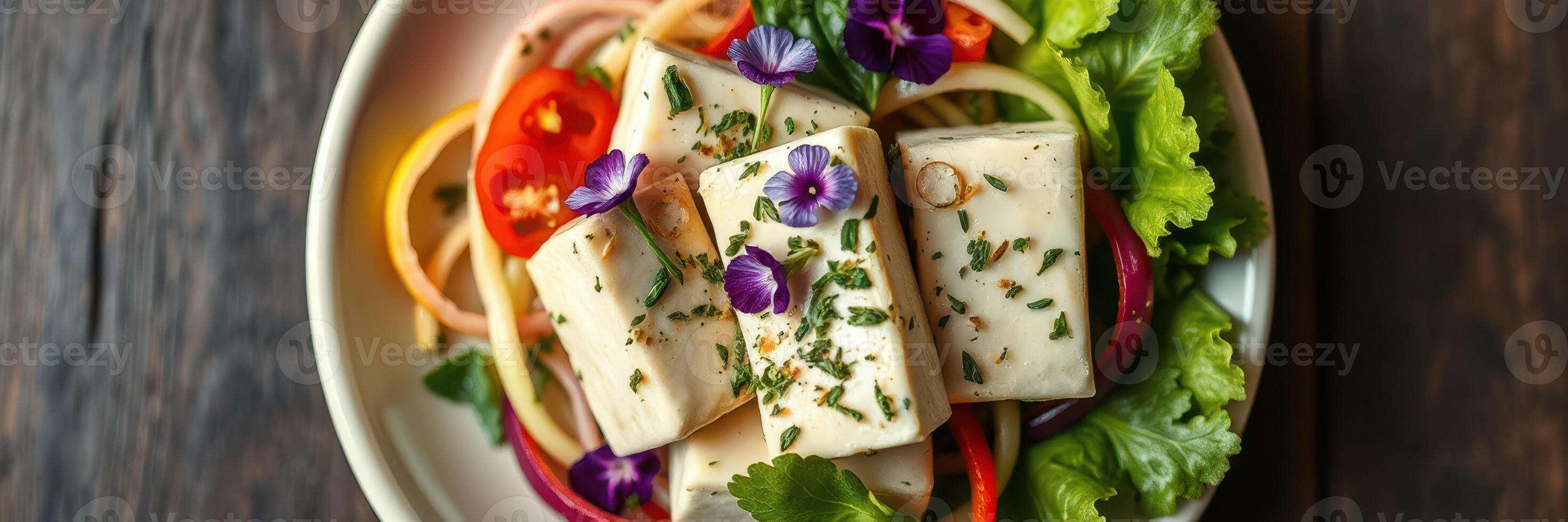Colorful bowl of spaghetti with fresh vegetables and herbs garnished with edible flowers served on a wooden table photo