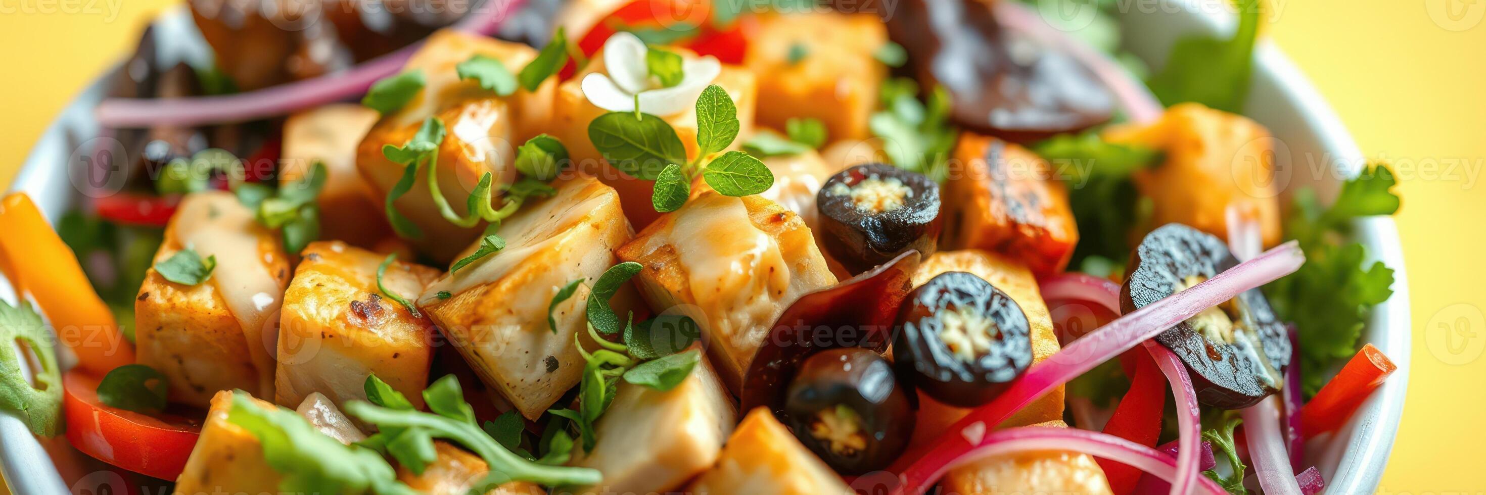 Colorful salad with tofu and fresh vegetables served in a bowl during a vibrant lunch setting photo
