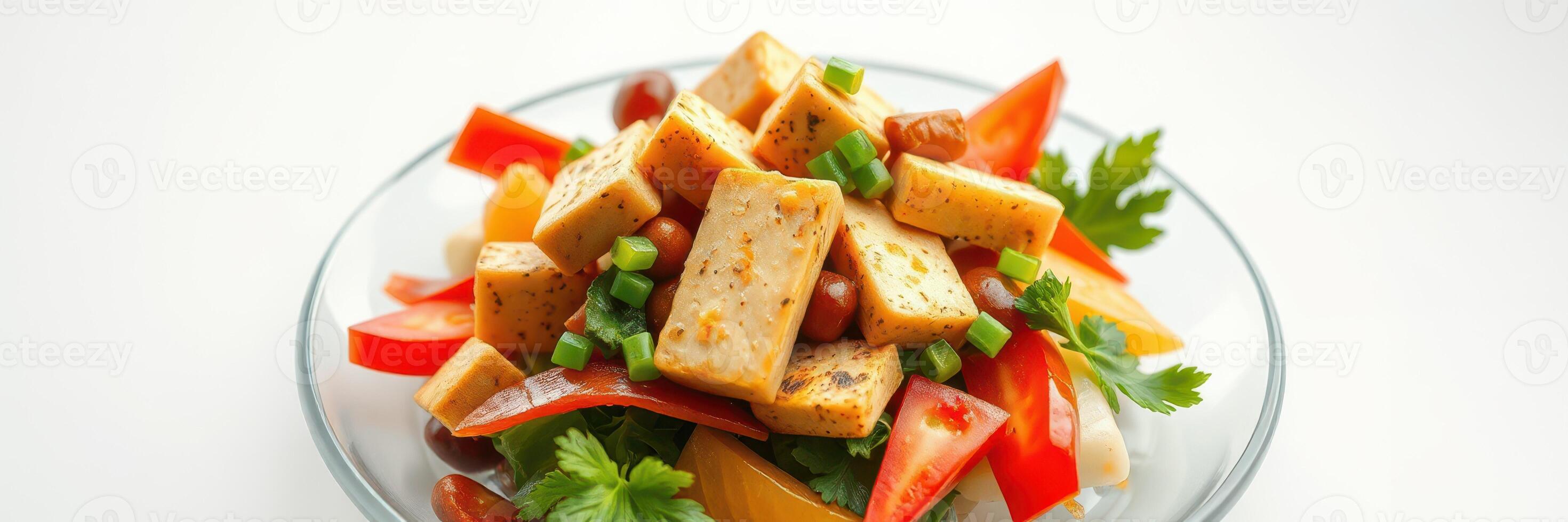 Colorful tofu salad with fresh vegetables and herbs served in a clear bowl photo