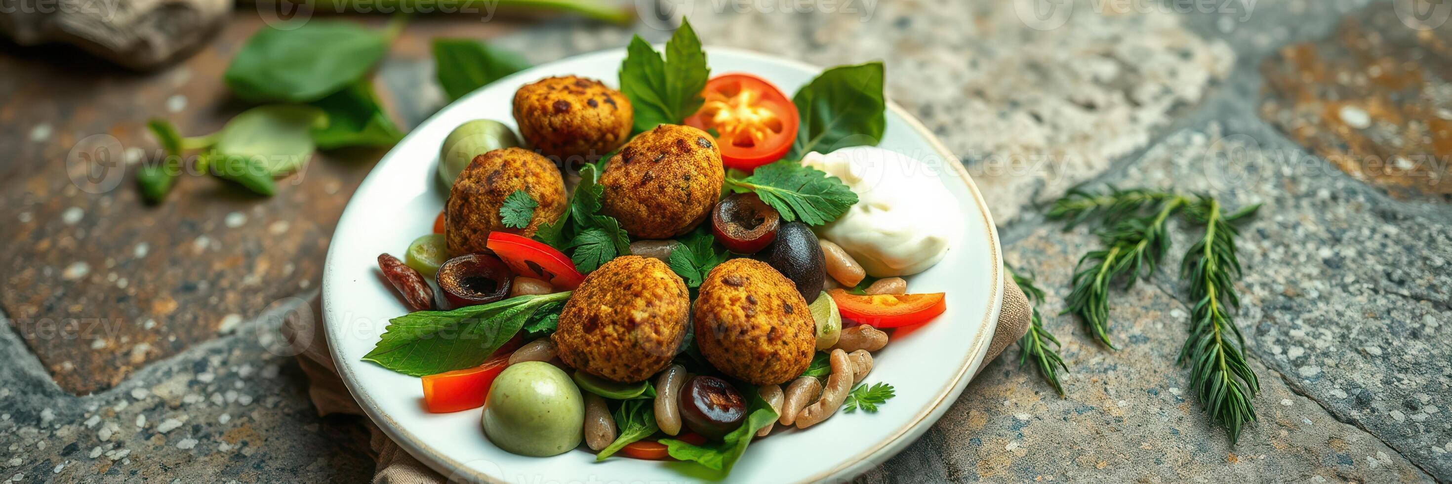 Healthy falafel salad with fresh vegetables and herbs served on a rustic stone table photo