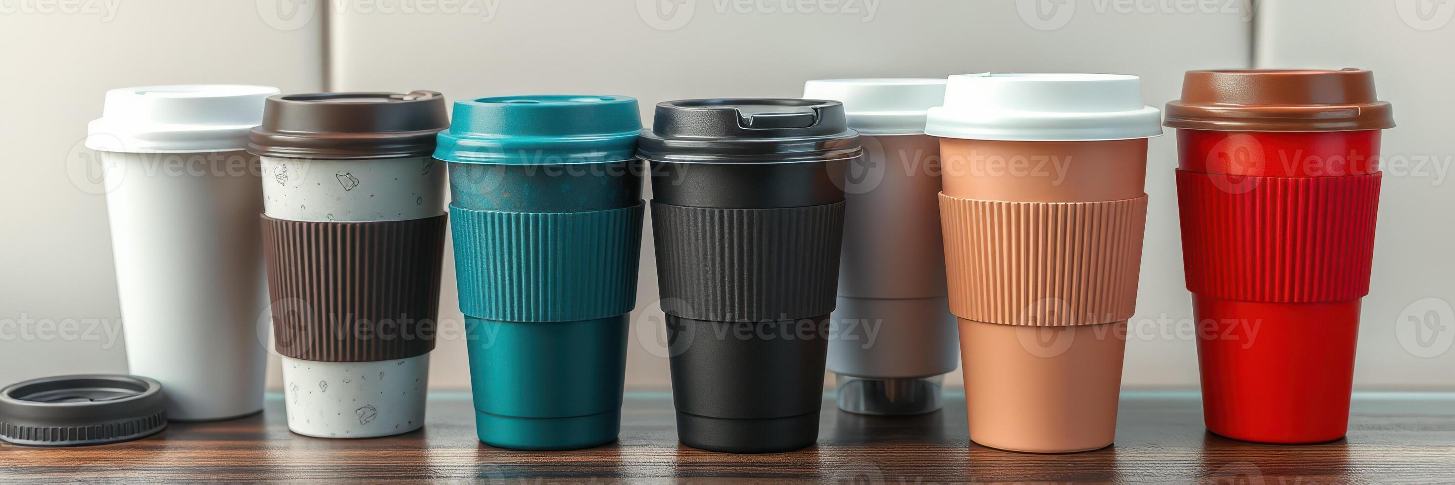 Various coffee cups lined up on a wooden table in a modern cafe setting during the morning hours photo