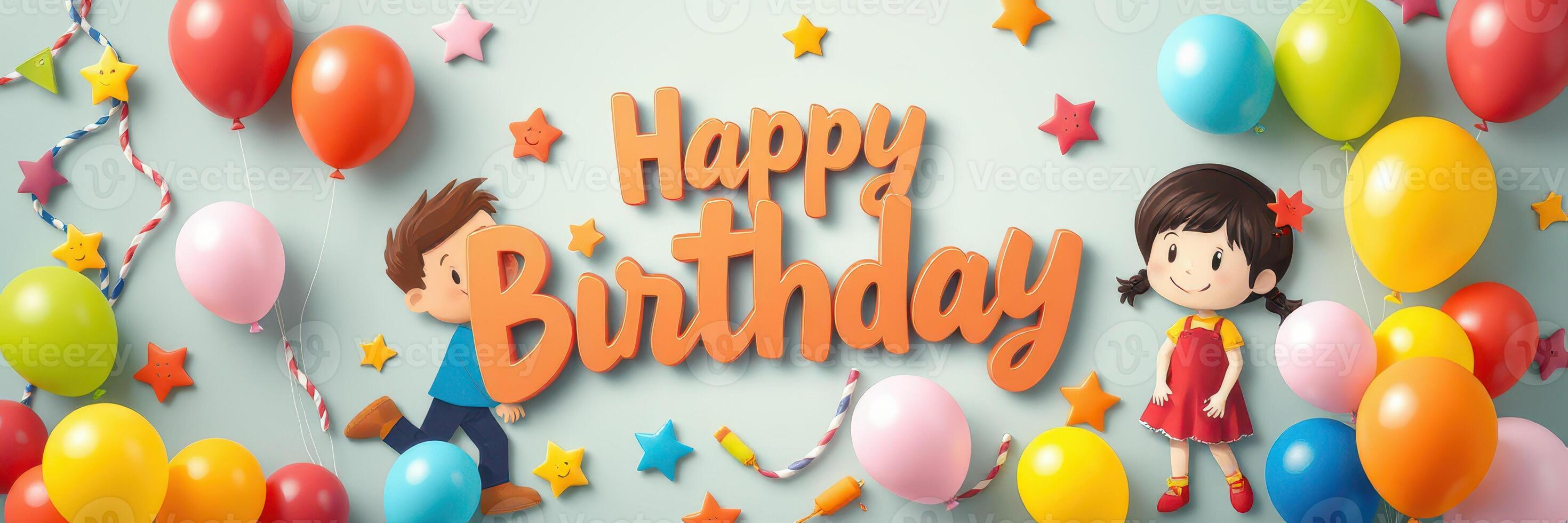 Festive birthday celebration with colorful decorations and cheerful children playing in a party setting photo