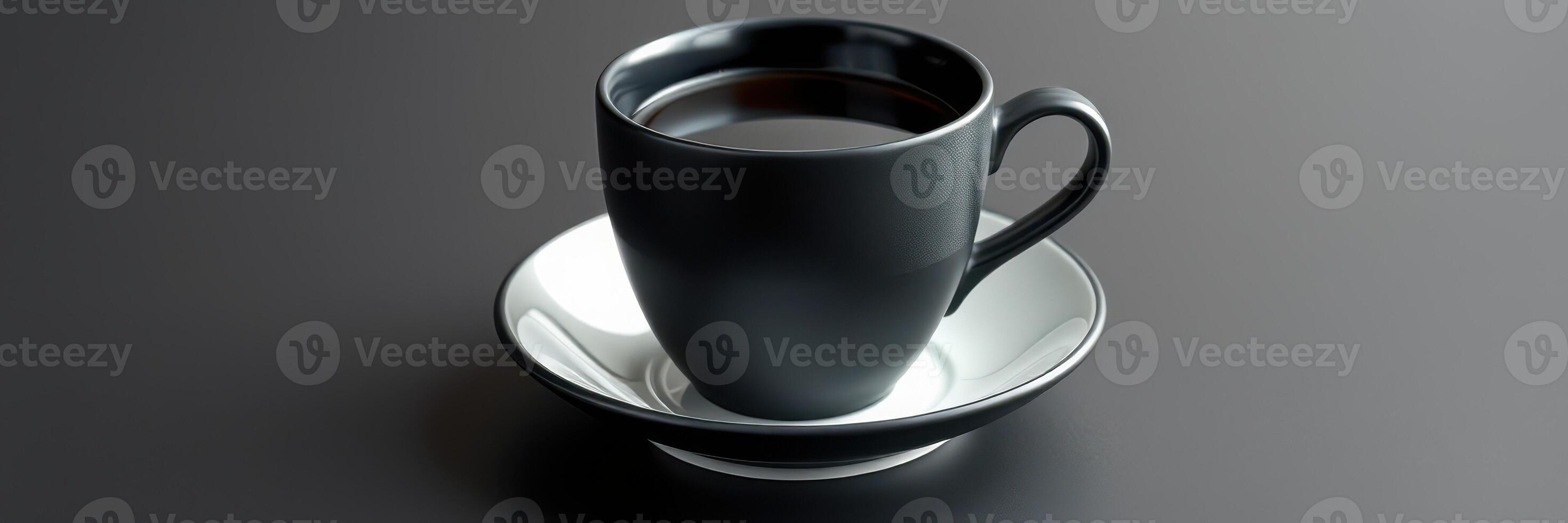 Black cup of coffee on white saucer against a simple dark background showcasing minimalistic design photo