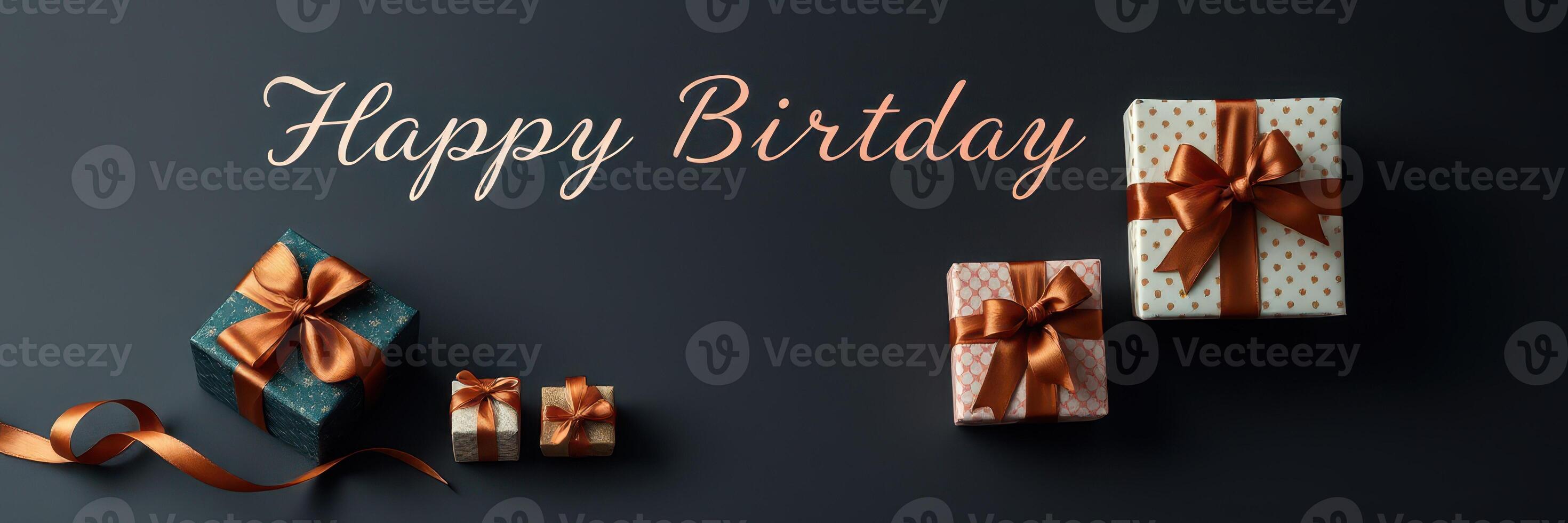 Birthday celebration with elegantly wrapped gifts and cheerful message created for a festive occasion photo