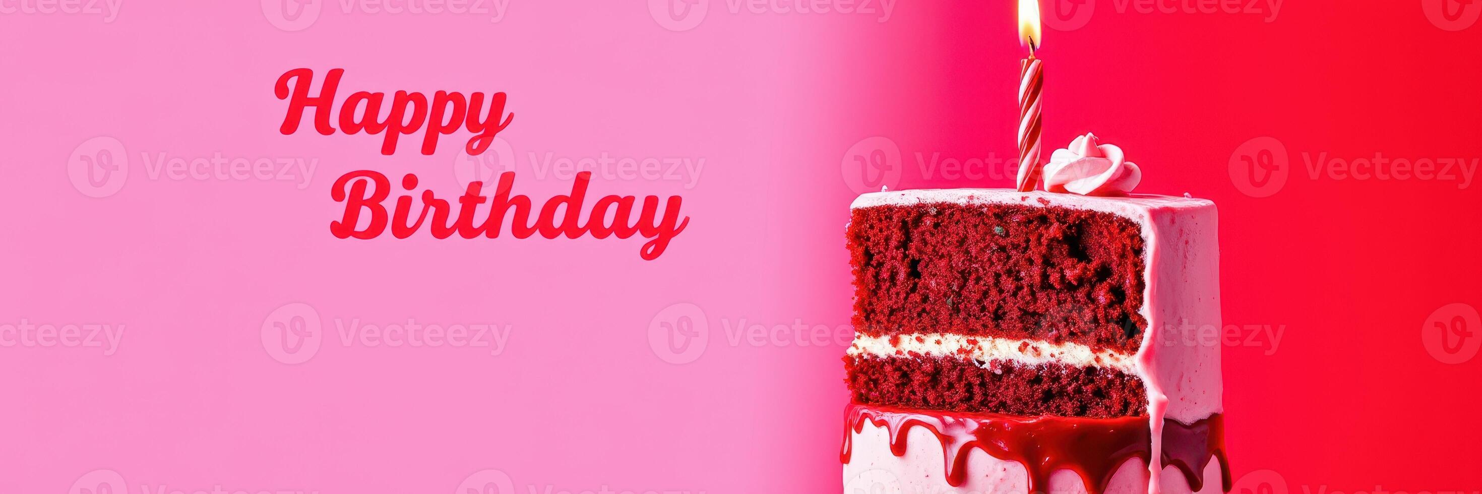 Celebratory red velvet cake with candle and birthday greeting on colorful background photo