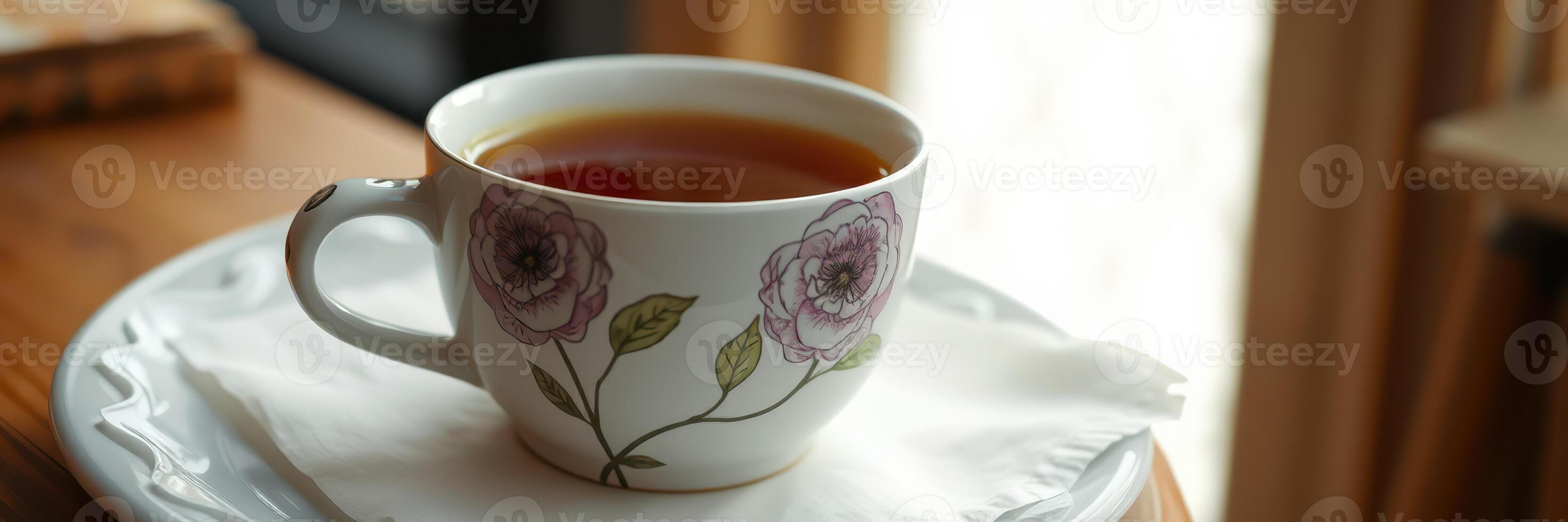Warm cup of herbal tea resting on a saucer beside a window in a cozy setting during afternoon hours photo