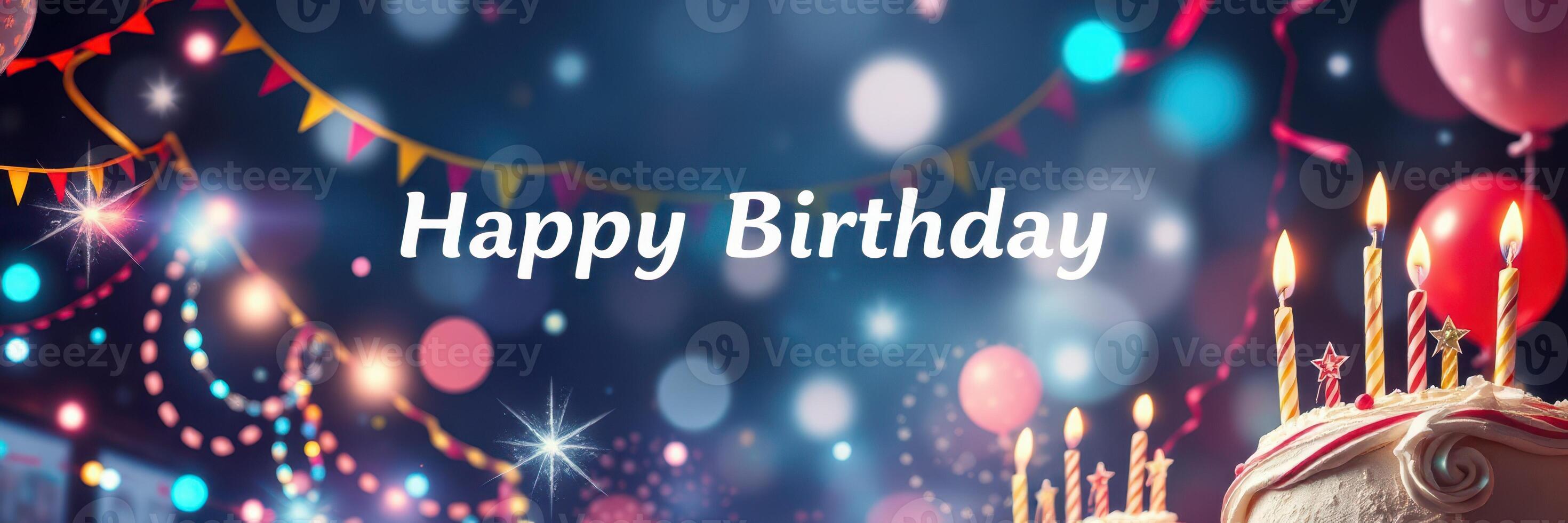 Colorful birthday celebration with festive decorations and cake glowing in soft lights photo