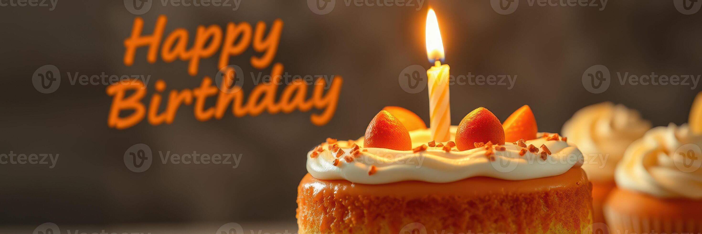 Birthday celebration with a delicious cake adorned with a single candle and festive decorations for a joyful occasion photo